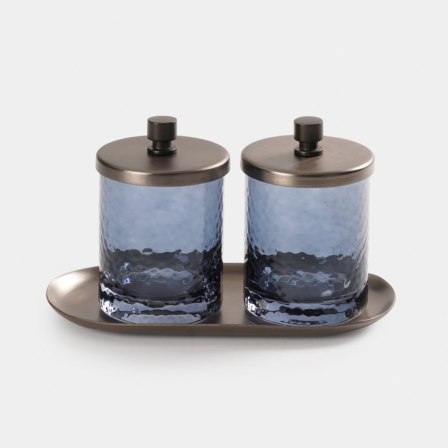 Set of 2 Grey Hammered Condiment Jars with Tray - Large