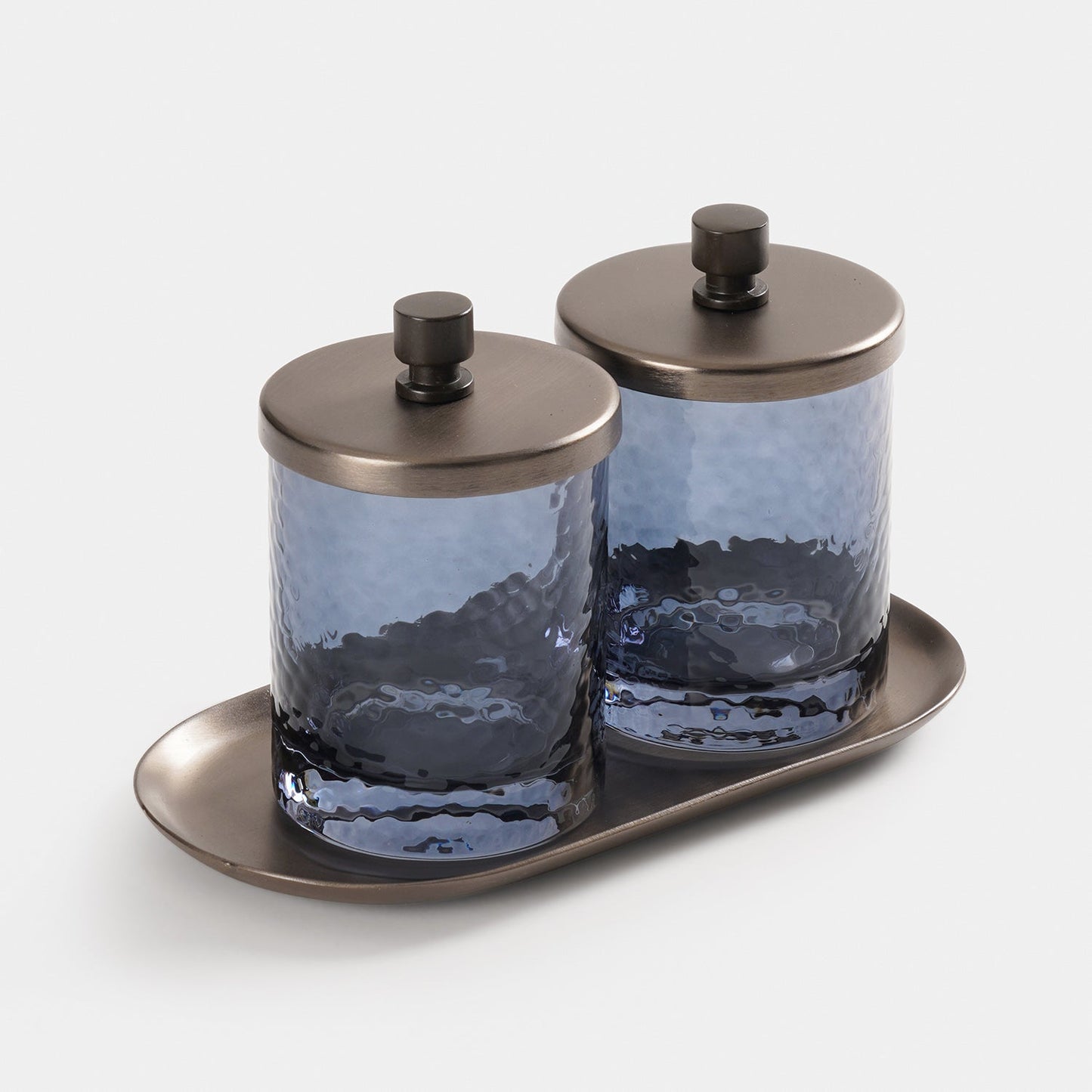 Set of 2 Grey Hammered Condiment Jars with Tray - Large