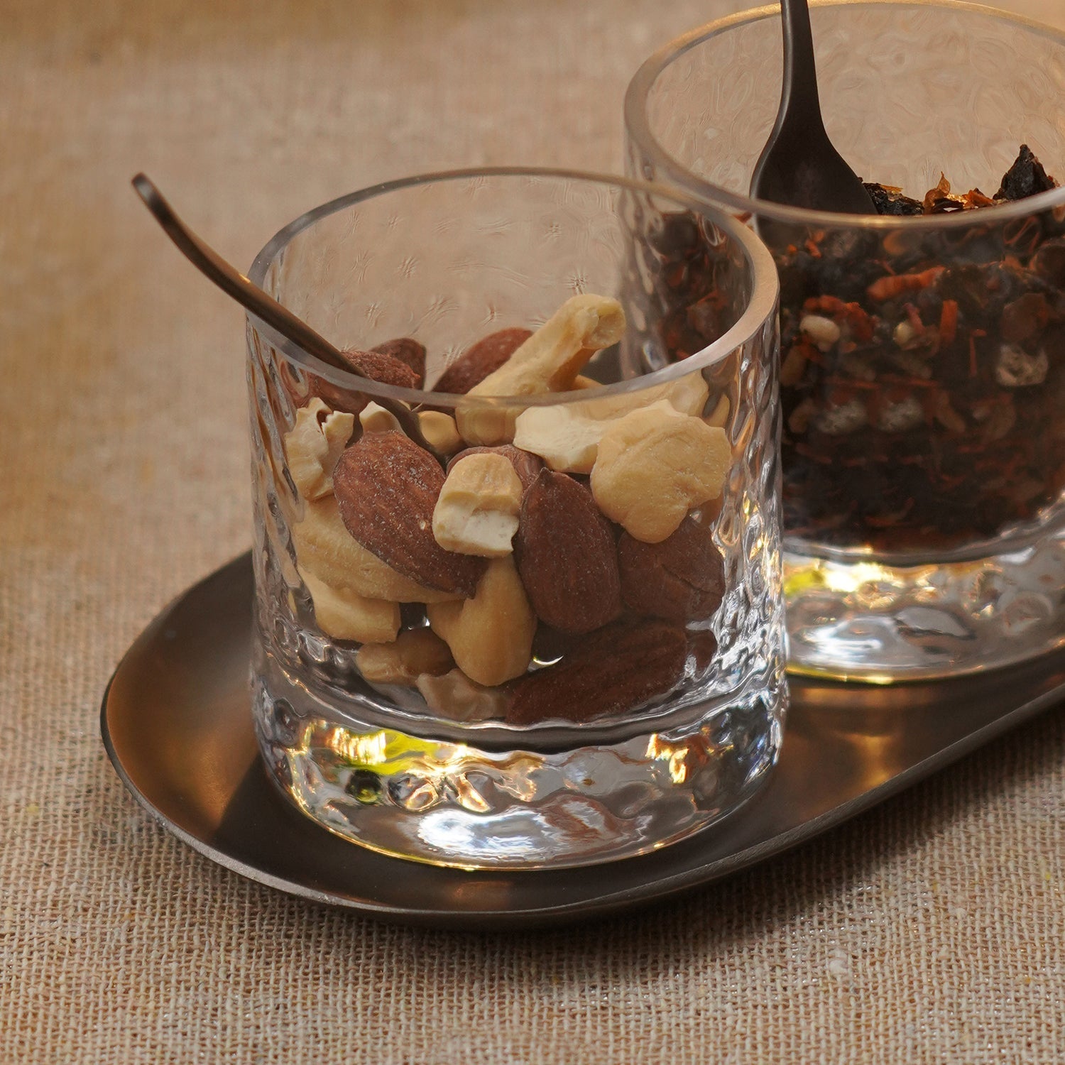 Set of 2 Clear Hammered Condiment Jars with Tray - Small
