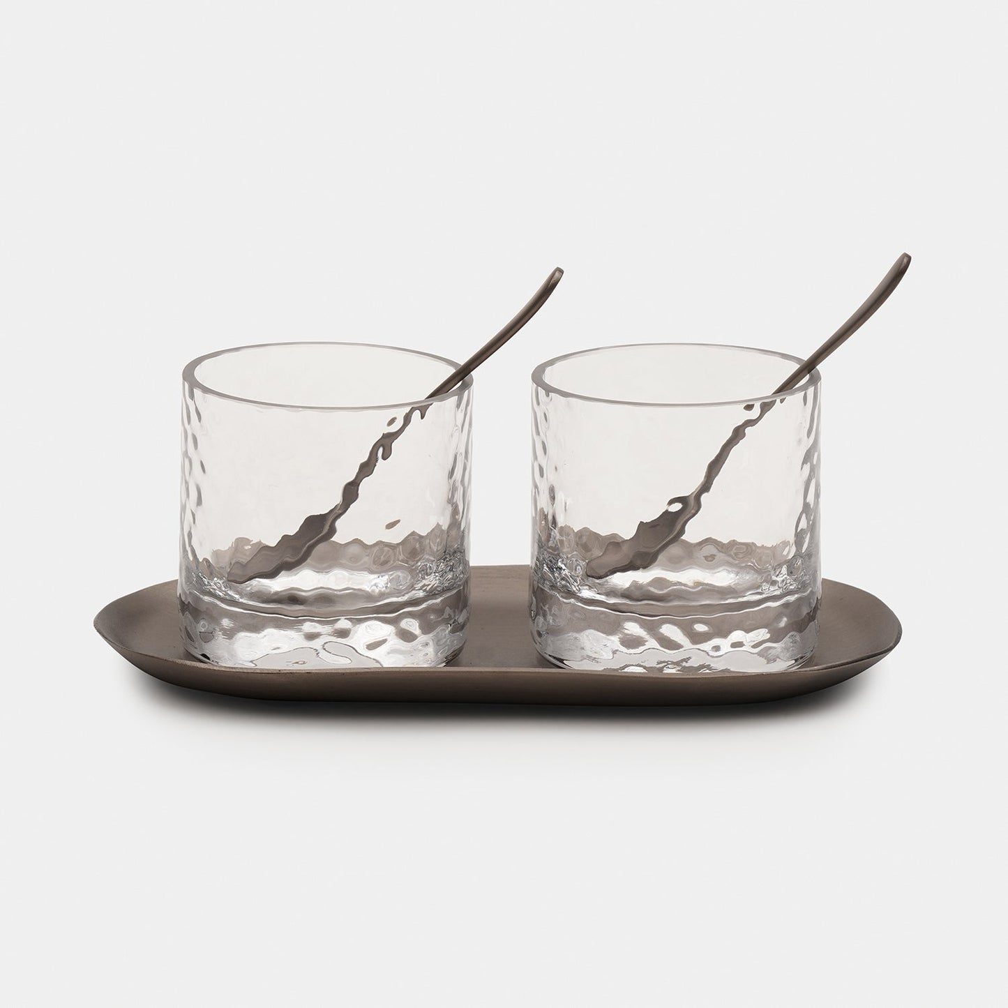 Set of 2 Clear Hammered Condiment Jars with Tray - Small