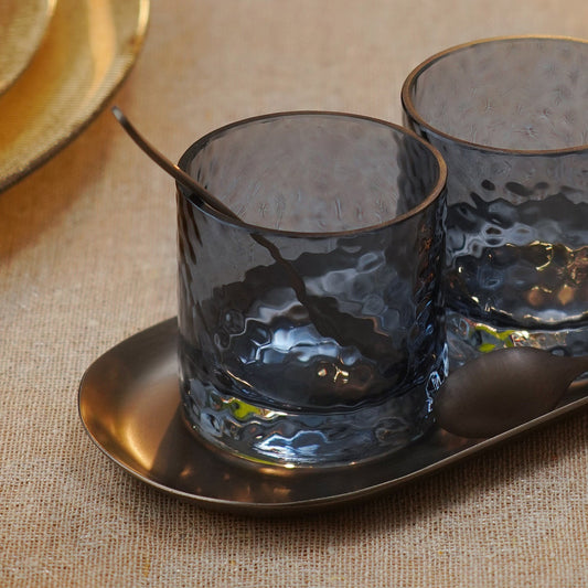 Set of 2 Navy Hammered Condiment Jars with Tray - Small