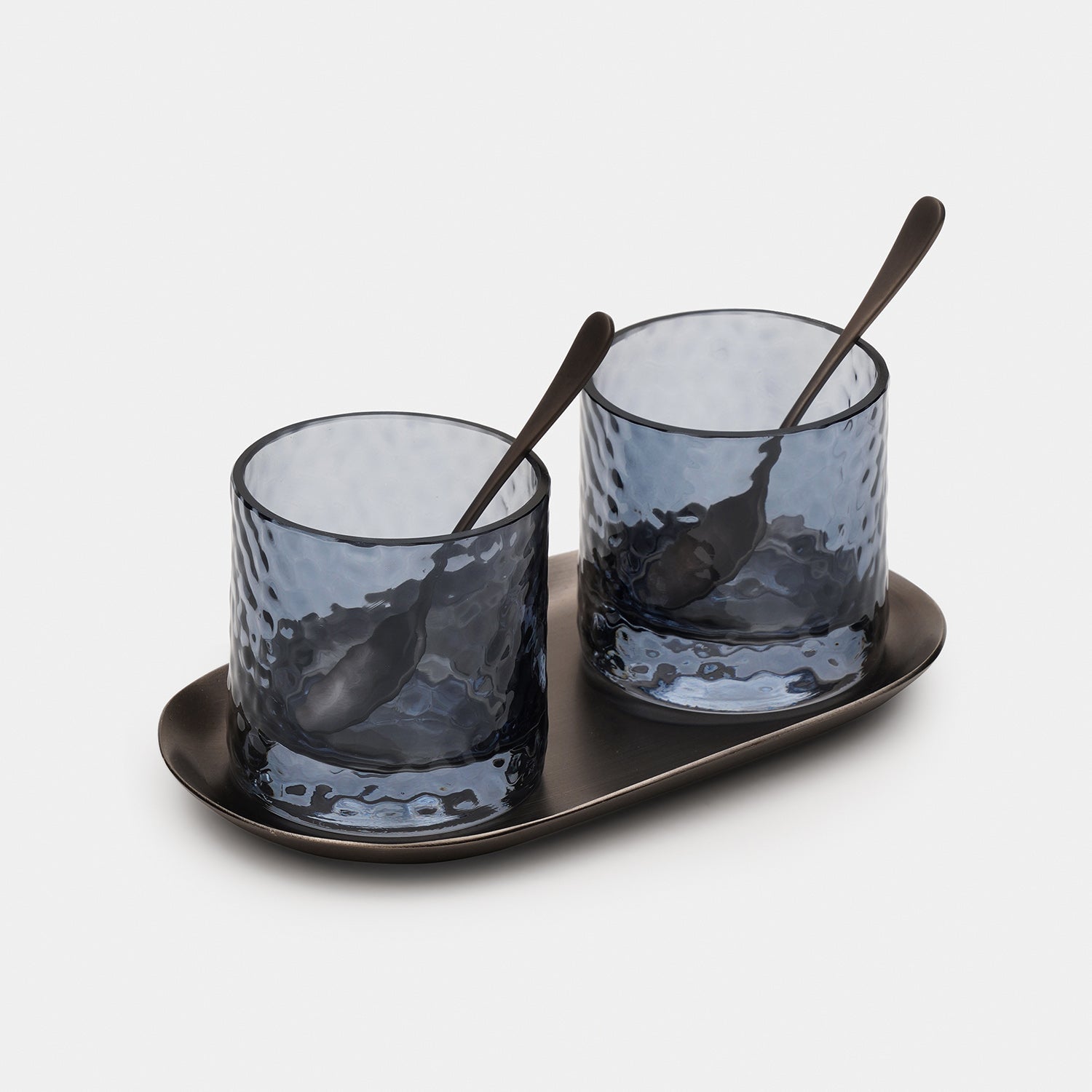Set of 2 Navy Hammered Condiment Jars with Tray - Small