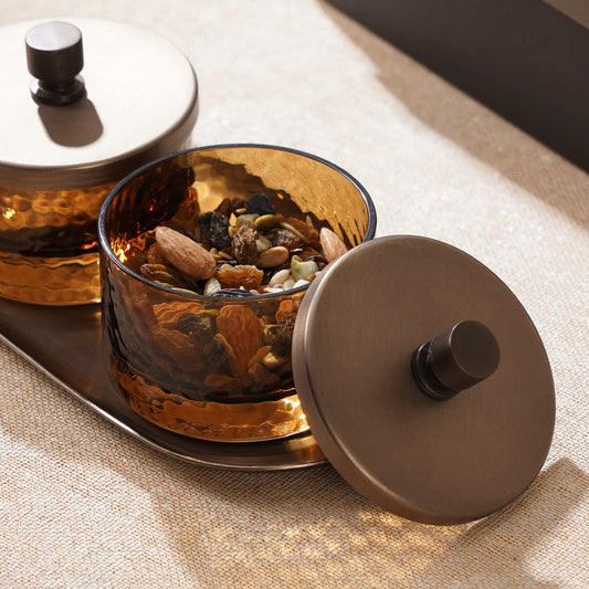 Set of 2 Amber Hammered Condiment Jars with Tray - Medium