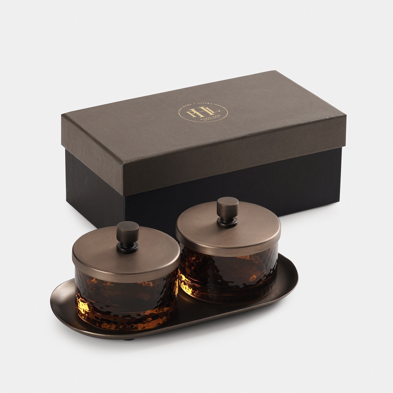 Set of 2 Amber Hammered Condiment Jars with Tray - Medium