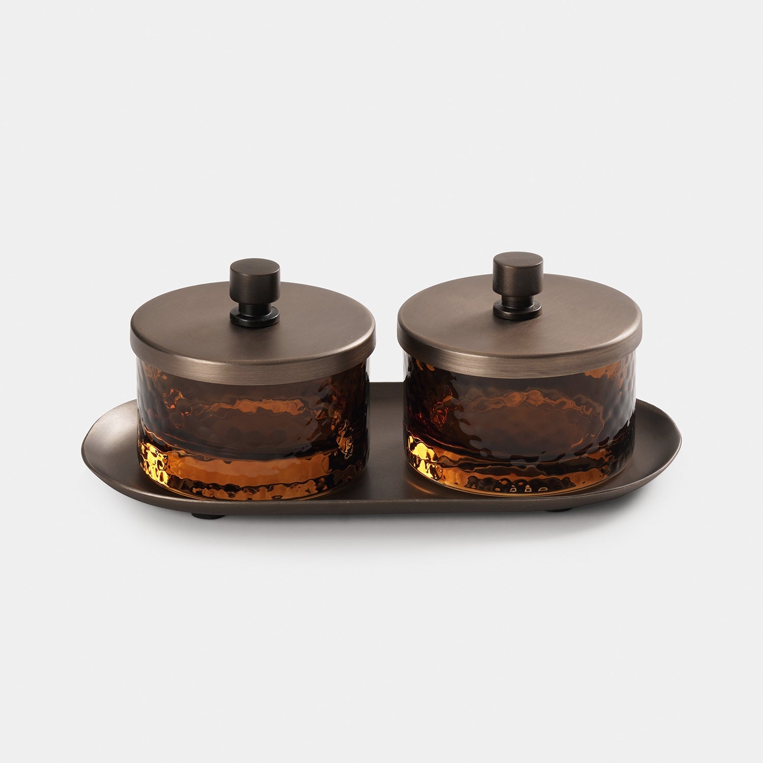 Set of 2 Amber Hammered Condiment Jars with Tray - Medium