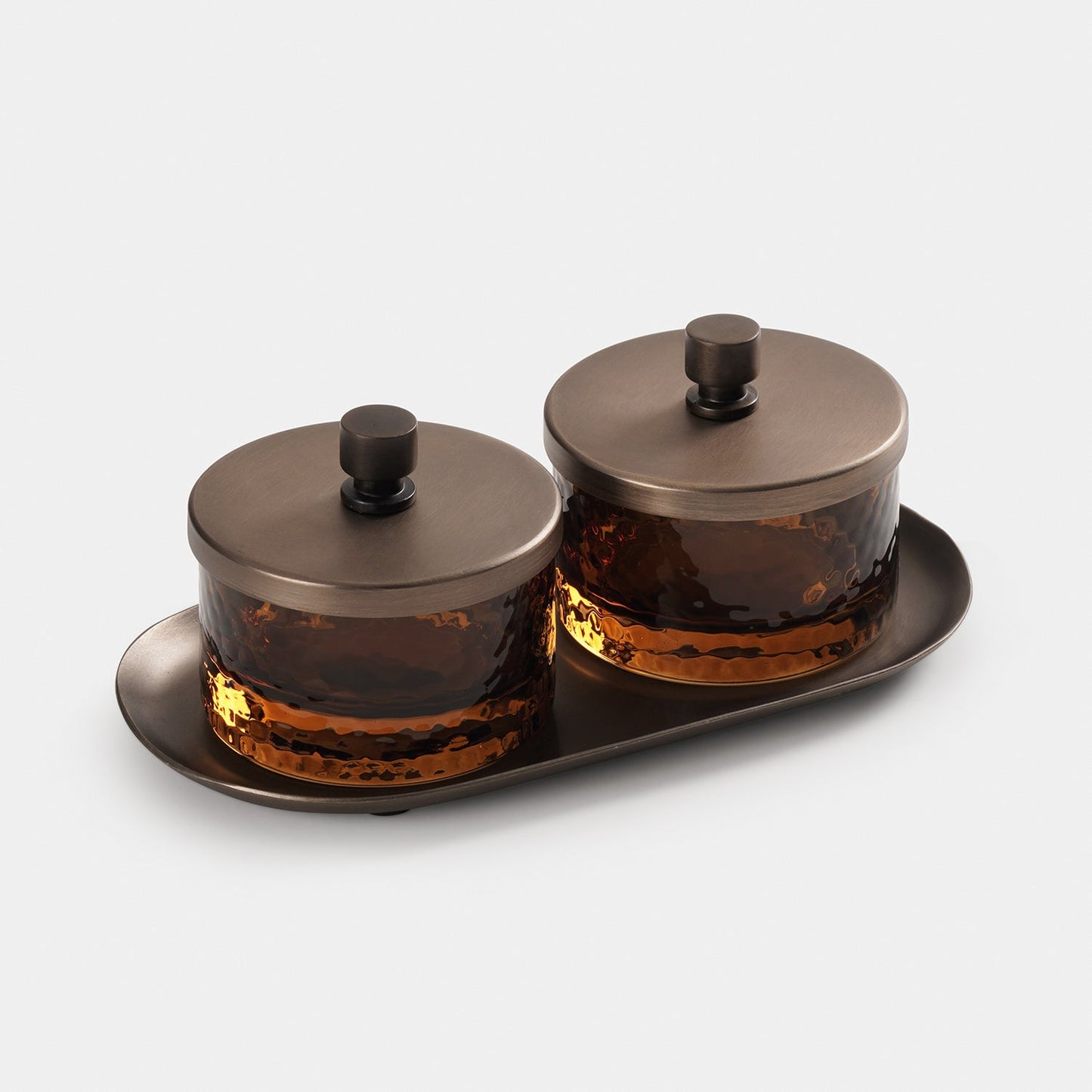 Set of 2 Amber Hammered Condiment Jars with Tray - Medium