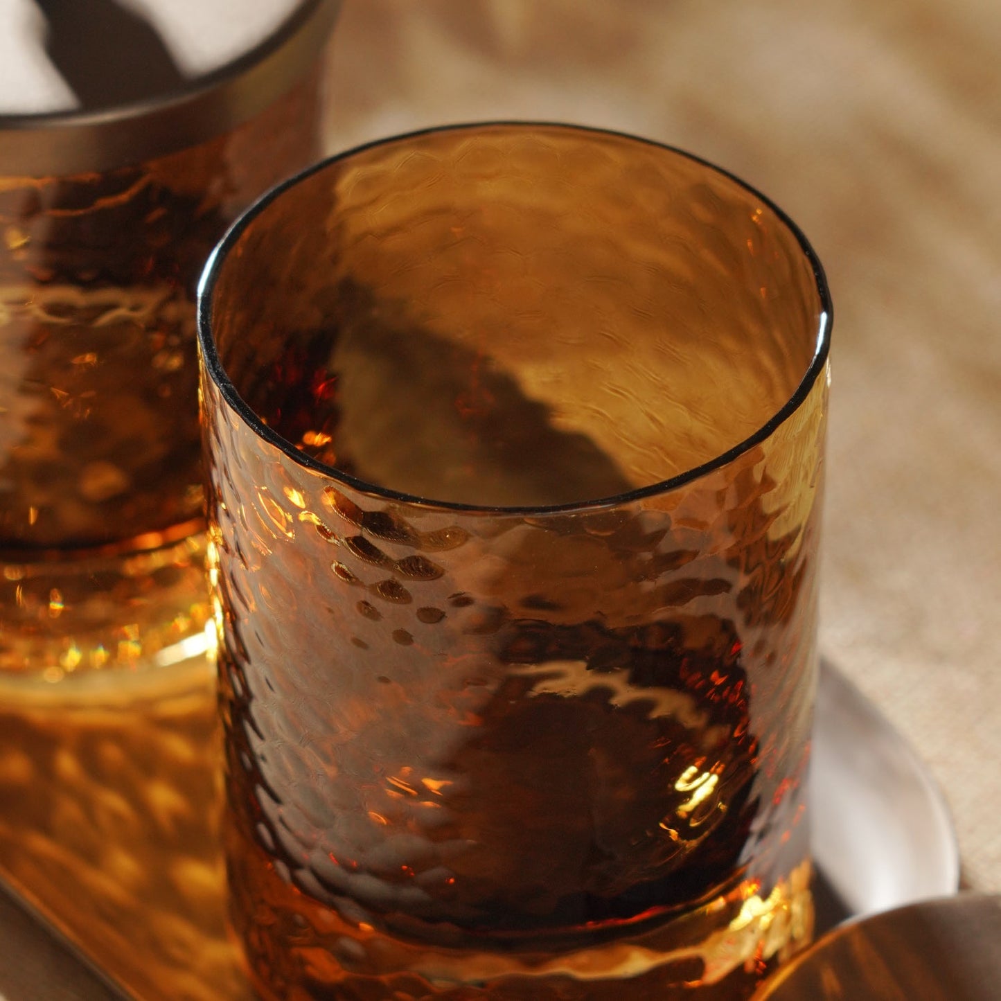 Set of 2 Amber Hammered Condiment Jars with Tray - Large