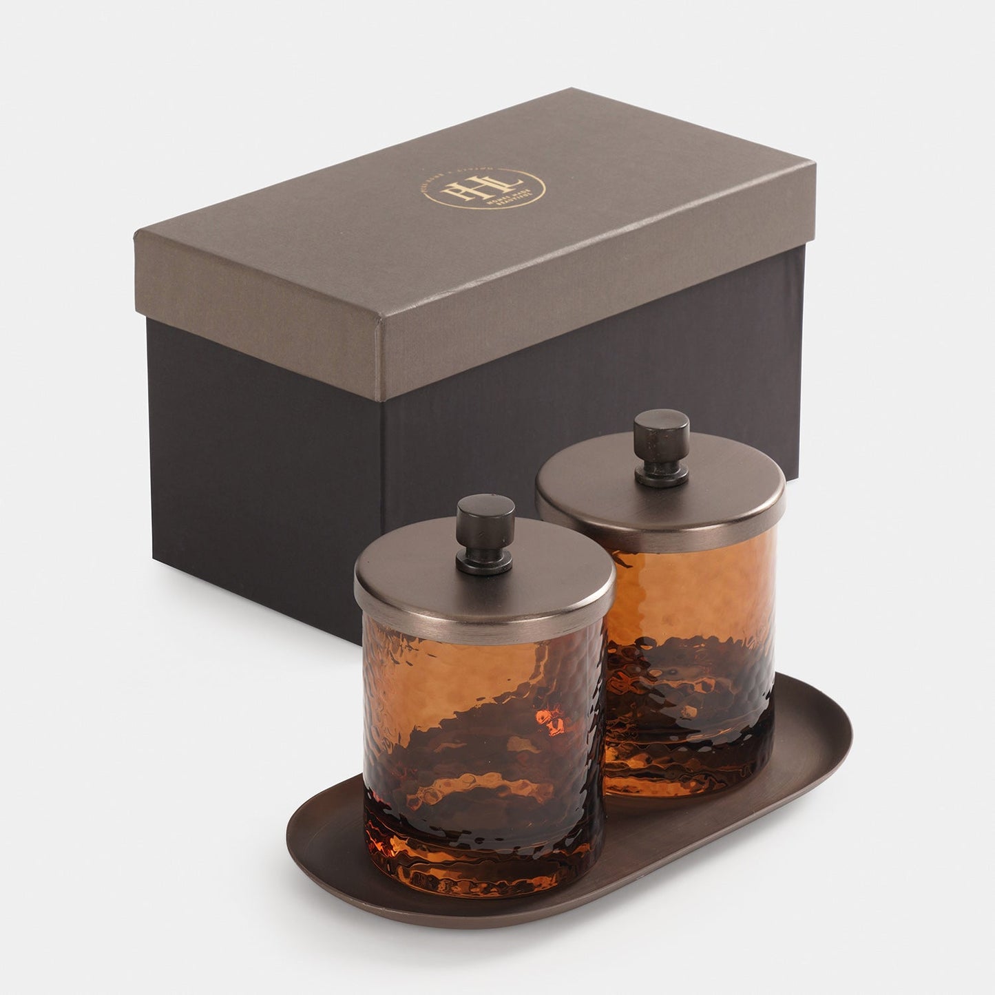 Set of 2 Amber Hammered Condiment Jars with Tray - Large