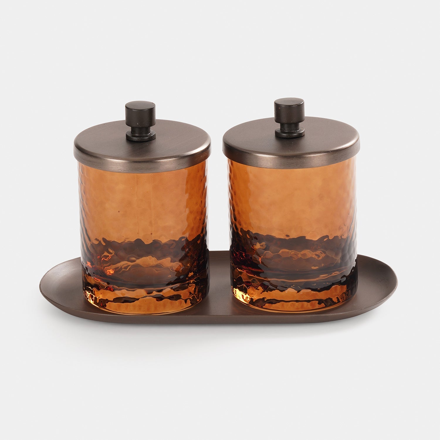 Set of 2 Amber Hammered Condiment Jars with Tray - Large