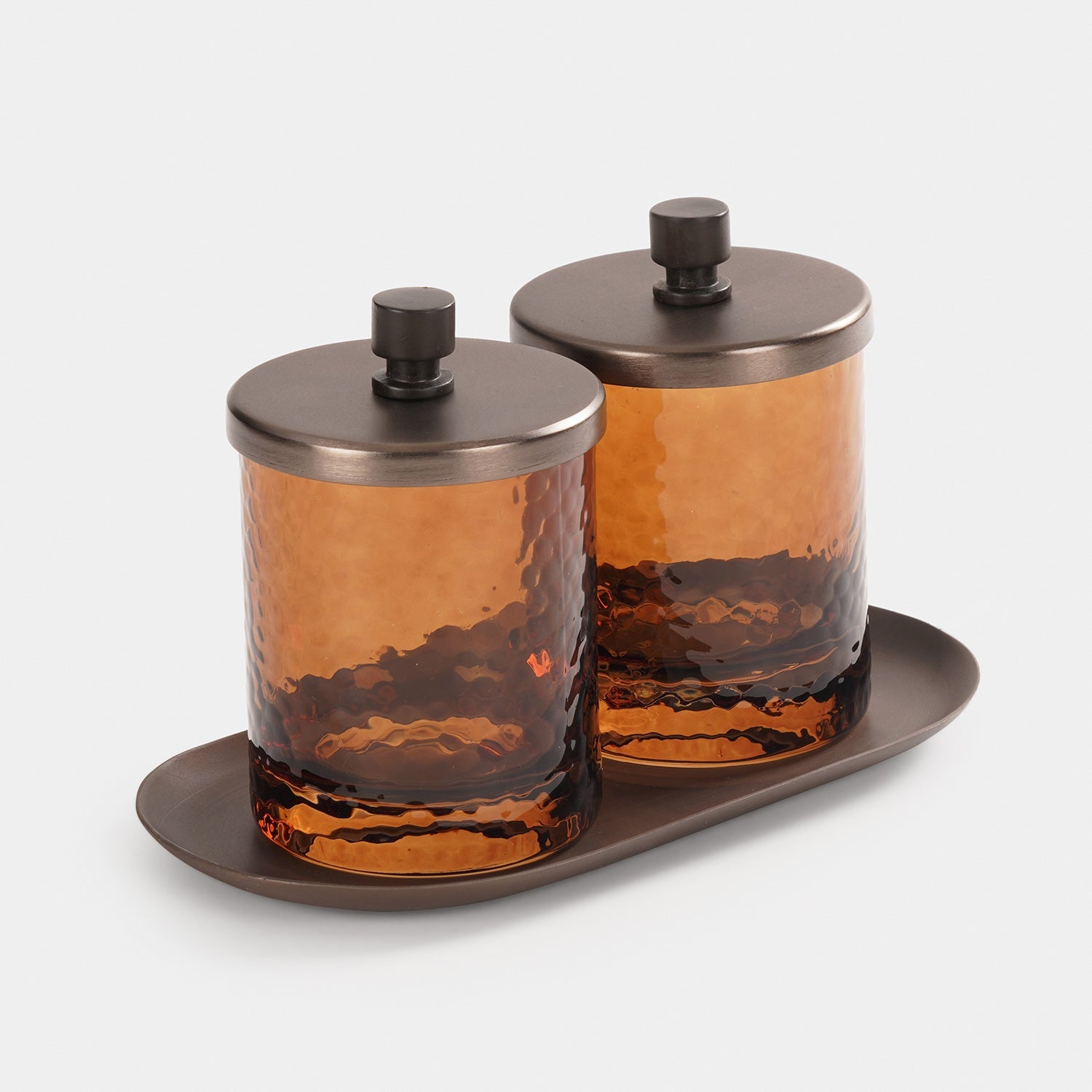 Set of 2 Amber Hammered Condiment Jars with Tray - Large