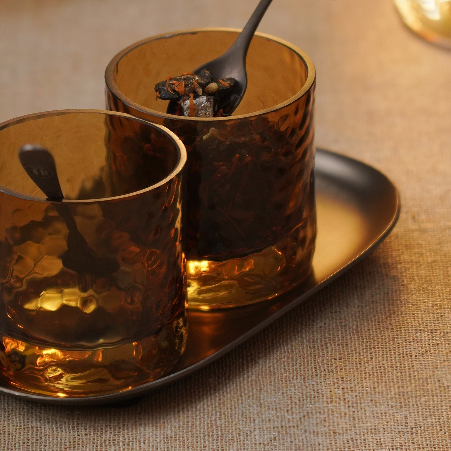 Set of 2 Amber Hammered Condiment Jars with Tray - Small