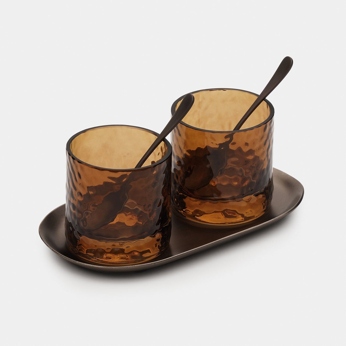 Set of 2 Amber Hammered Condiment Jars with Tray - Small
