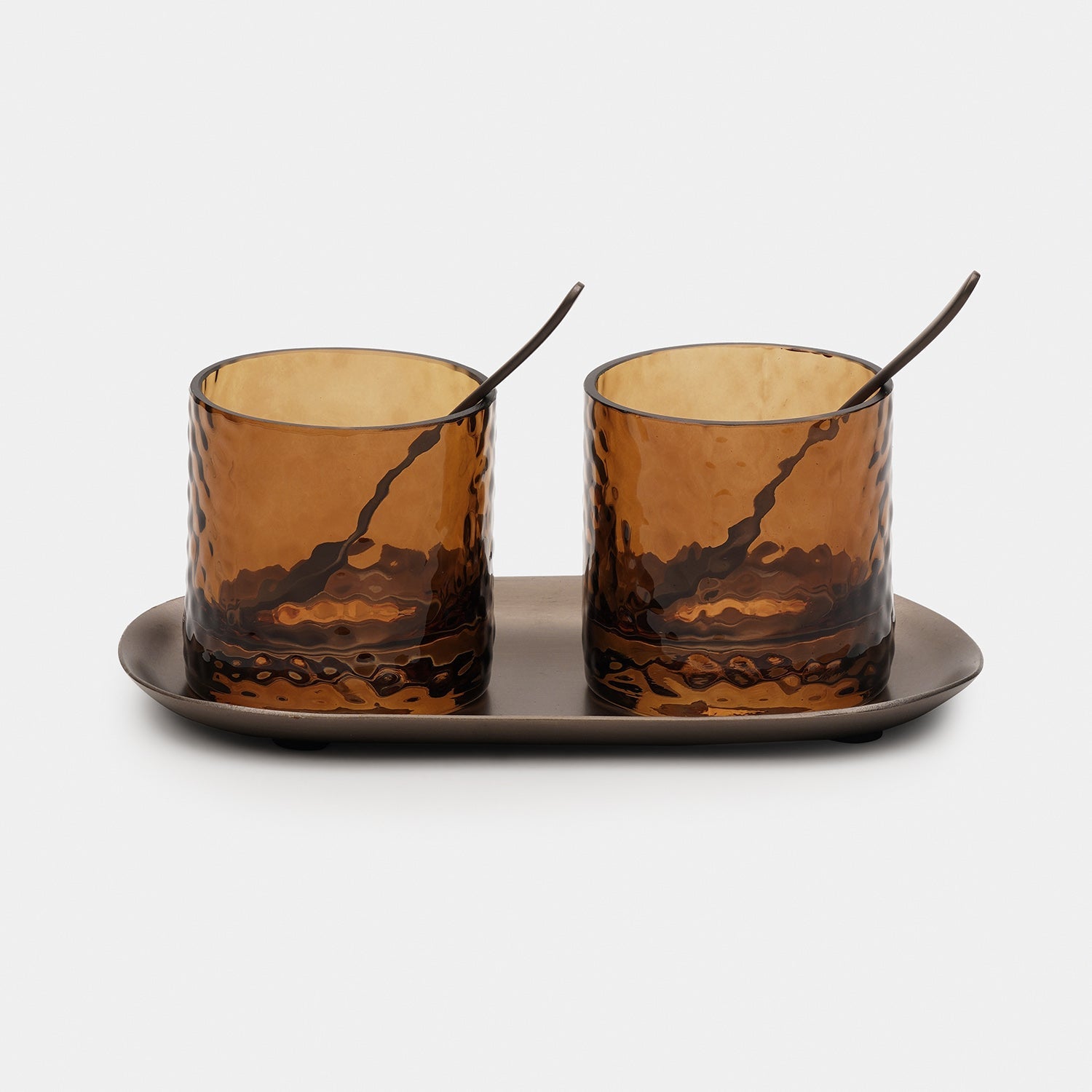 Set of 2 Amber Hammered Condiment Jars with Tray - Small