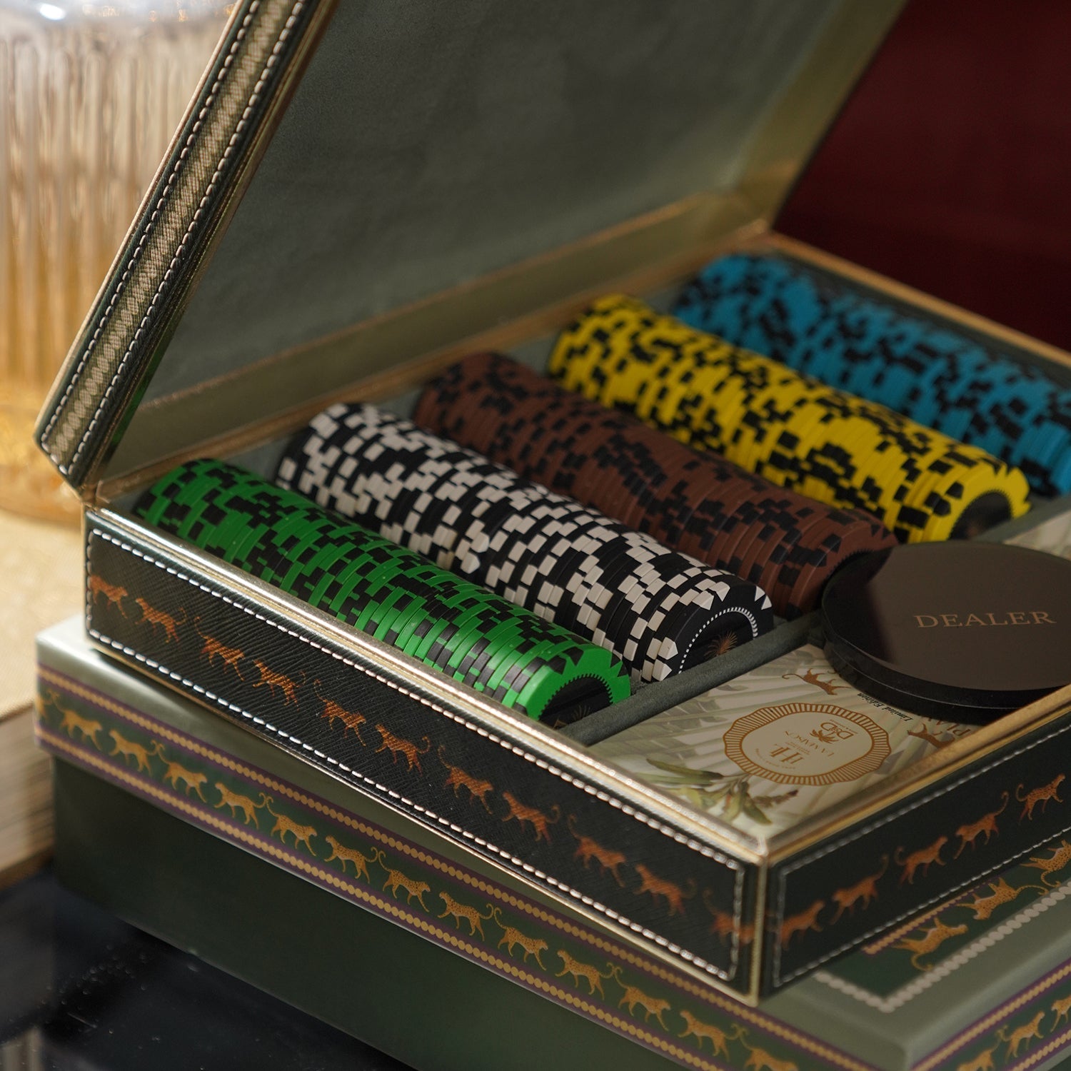 Green Faux Leather Poker Chips Set