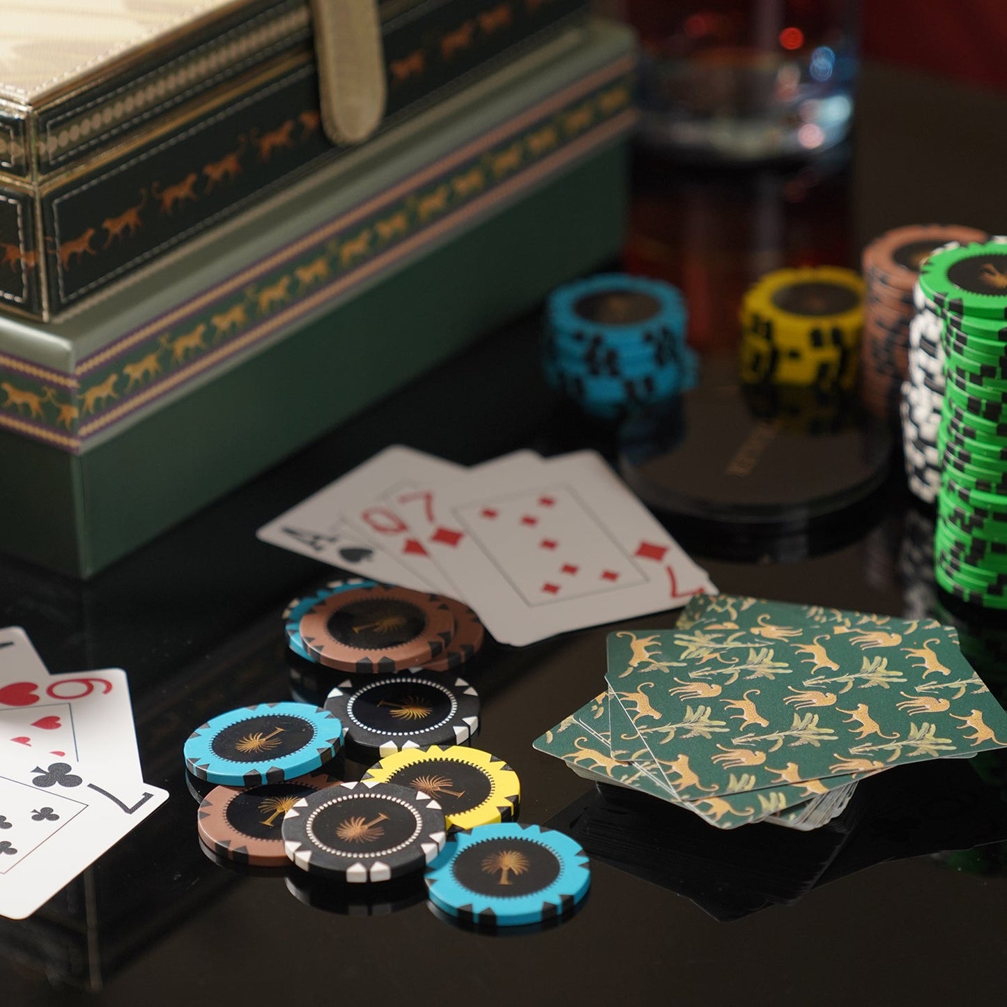 Green Faux Leather Poker Chips Set