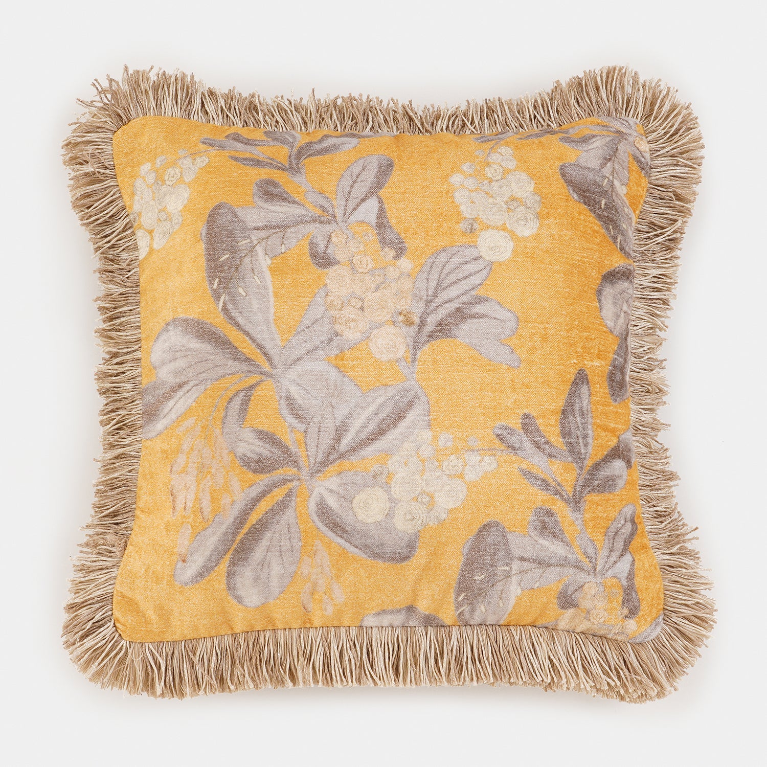Yellow Fringed Printed Cushion Cover