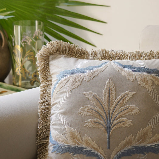 Beige Embroidered Fringed Cushion Cover