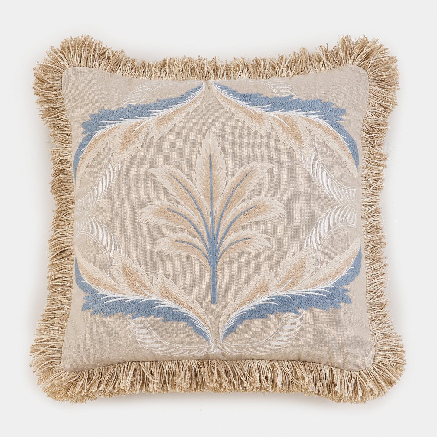 Beige Embroidered Fringed Cushion Cover