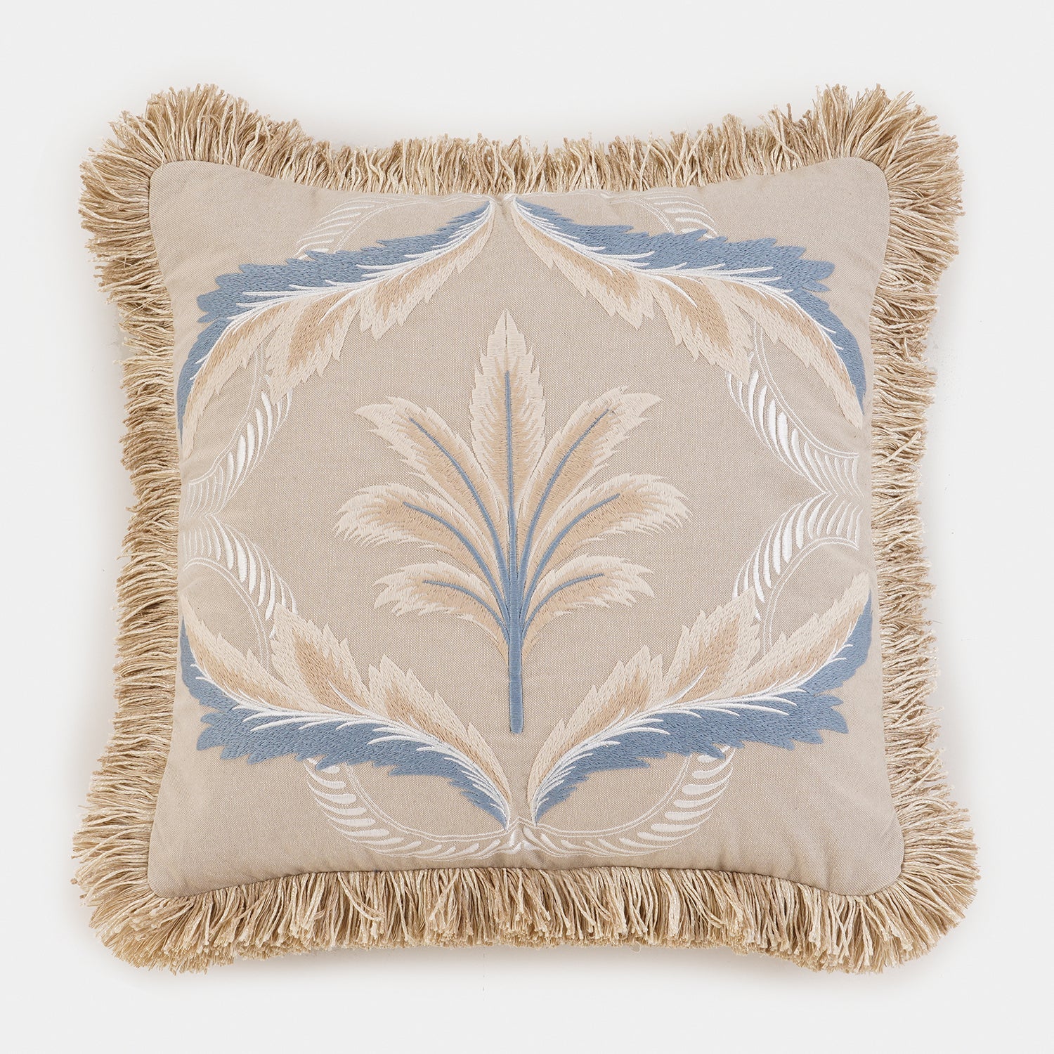 Beige Embroidered Fringed Cushion Cover