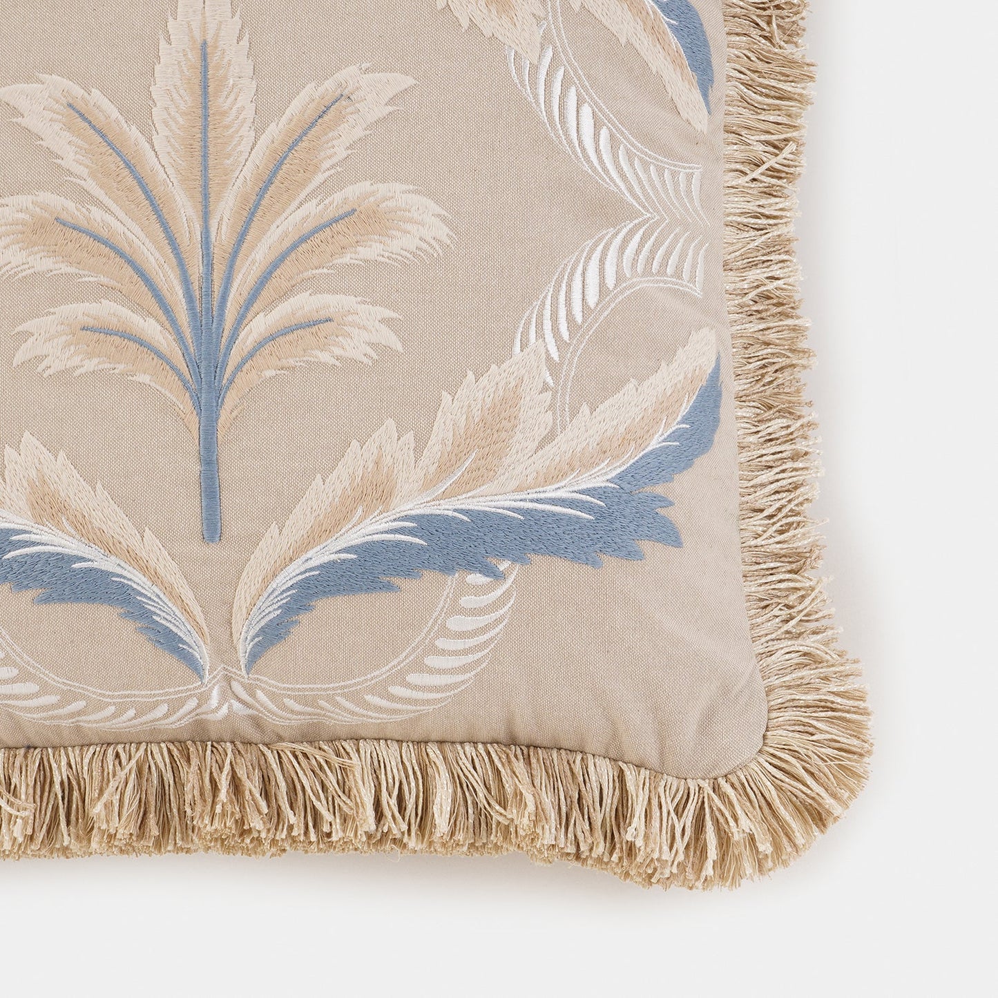 Beige Embroidered Fringed Cushion Cover