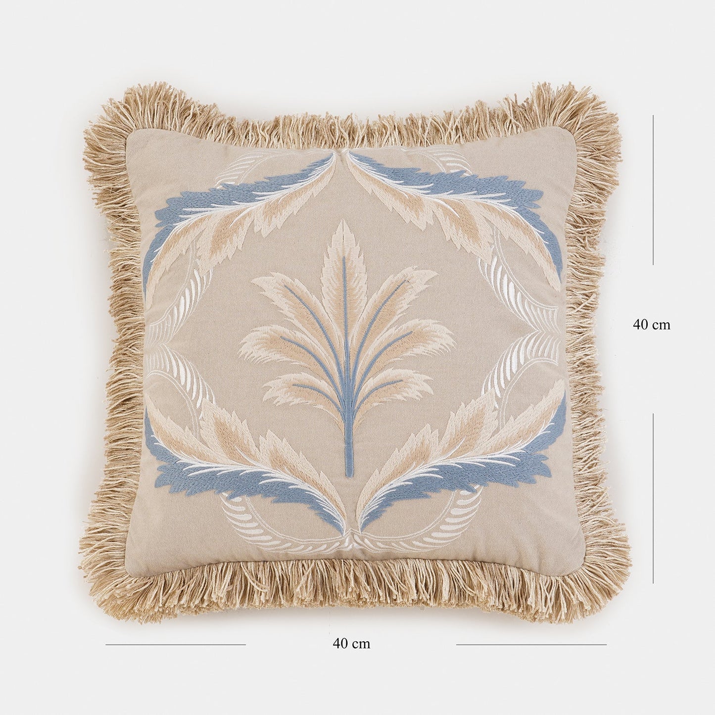 Beige Embroidered Fringed Cushion Cover