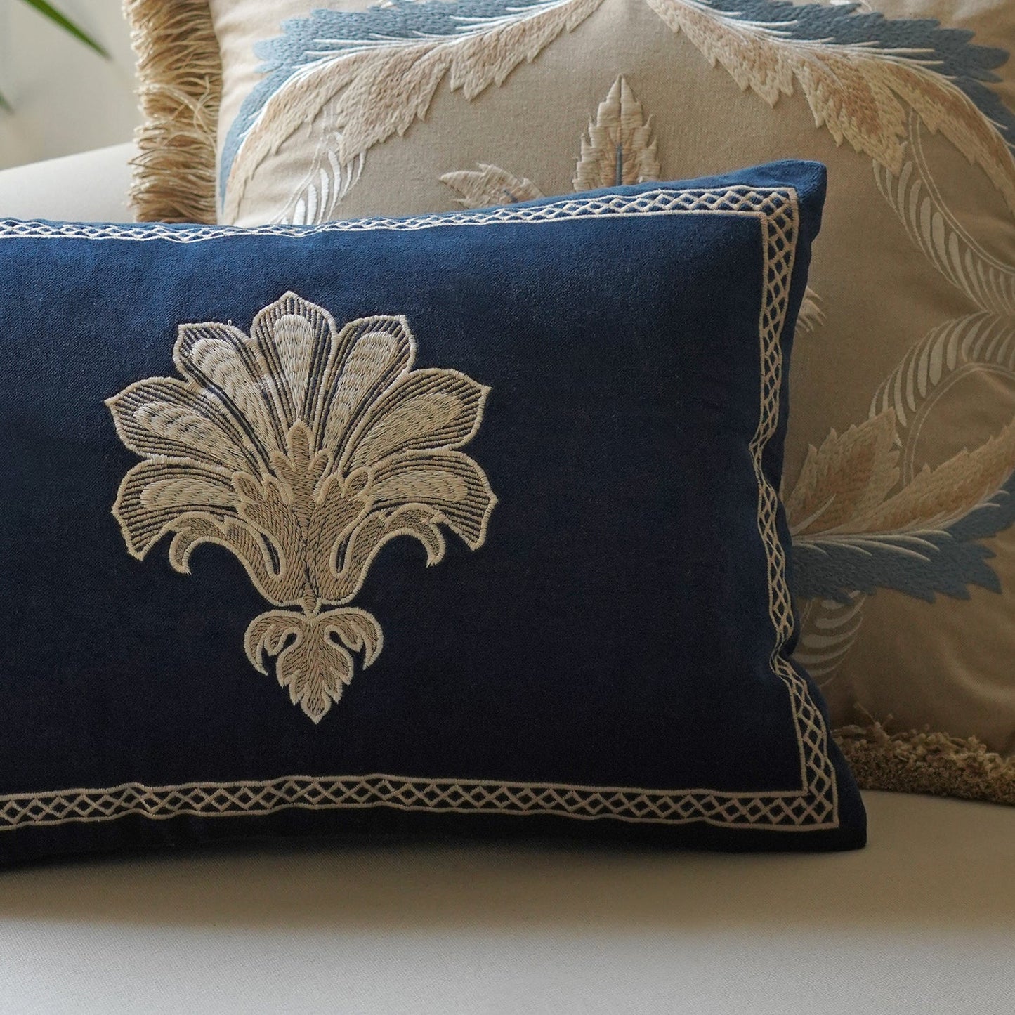 Navy Blue Embroidered Rectangle Cushion Cover