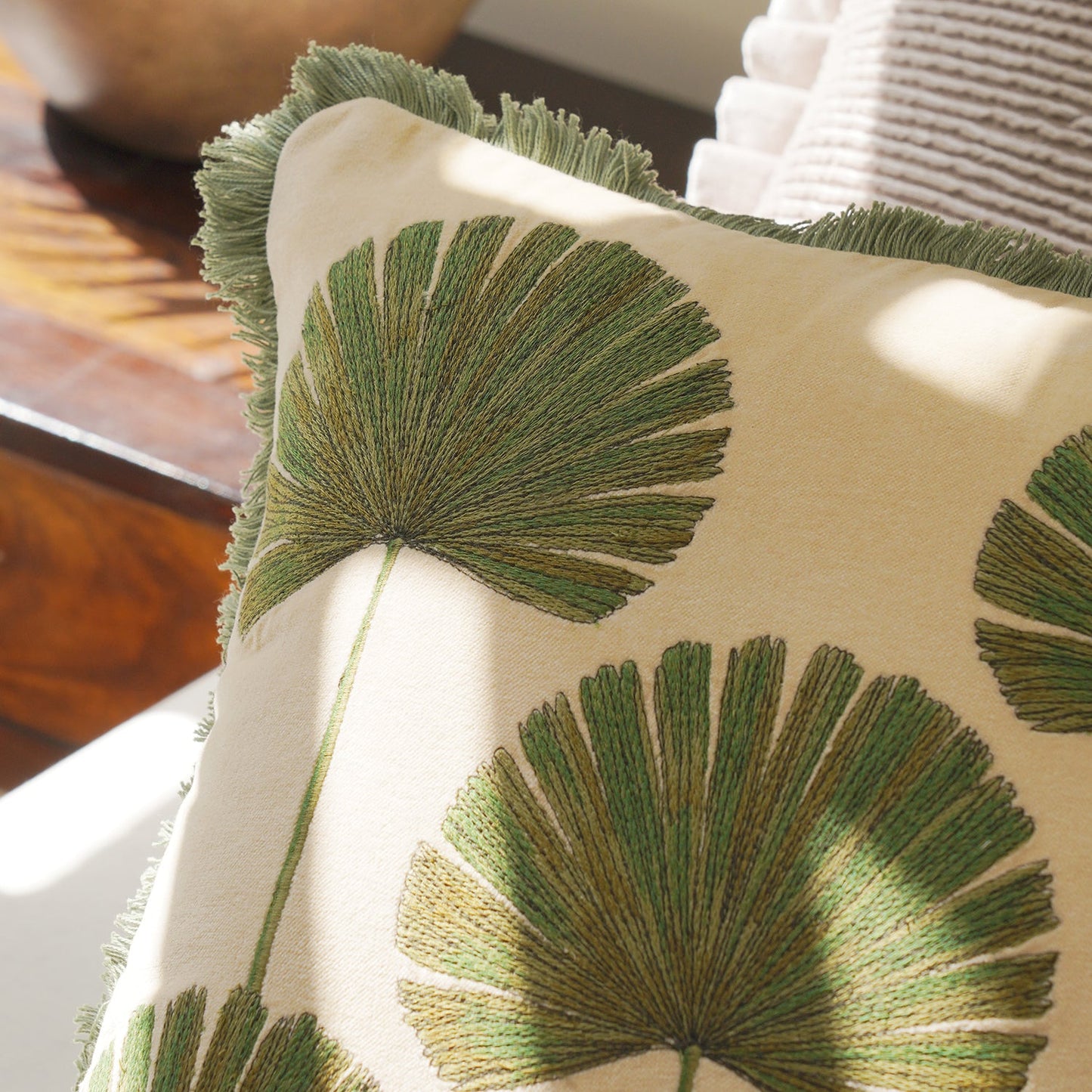 Beige Palm Leaf Embroidered Cushion Cover