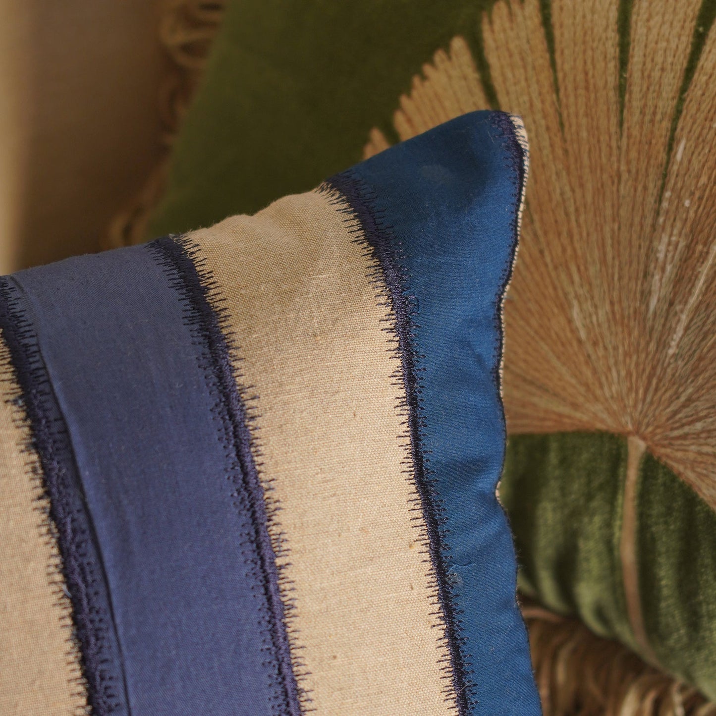 Beige Blue Striped Rectangle Cushion Cover