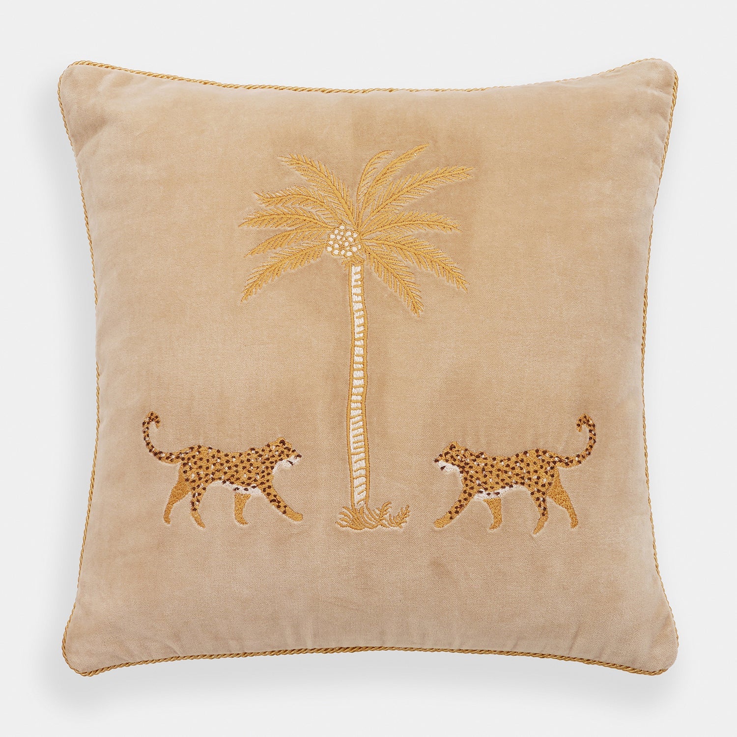 Beige Leopard Motif Embroidered Velvet Cushion Cover