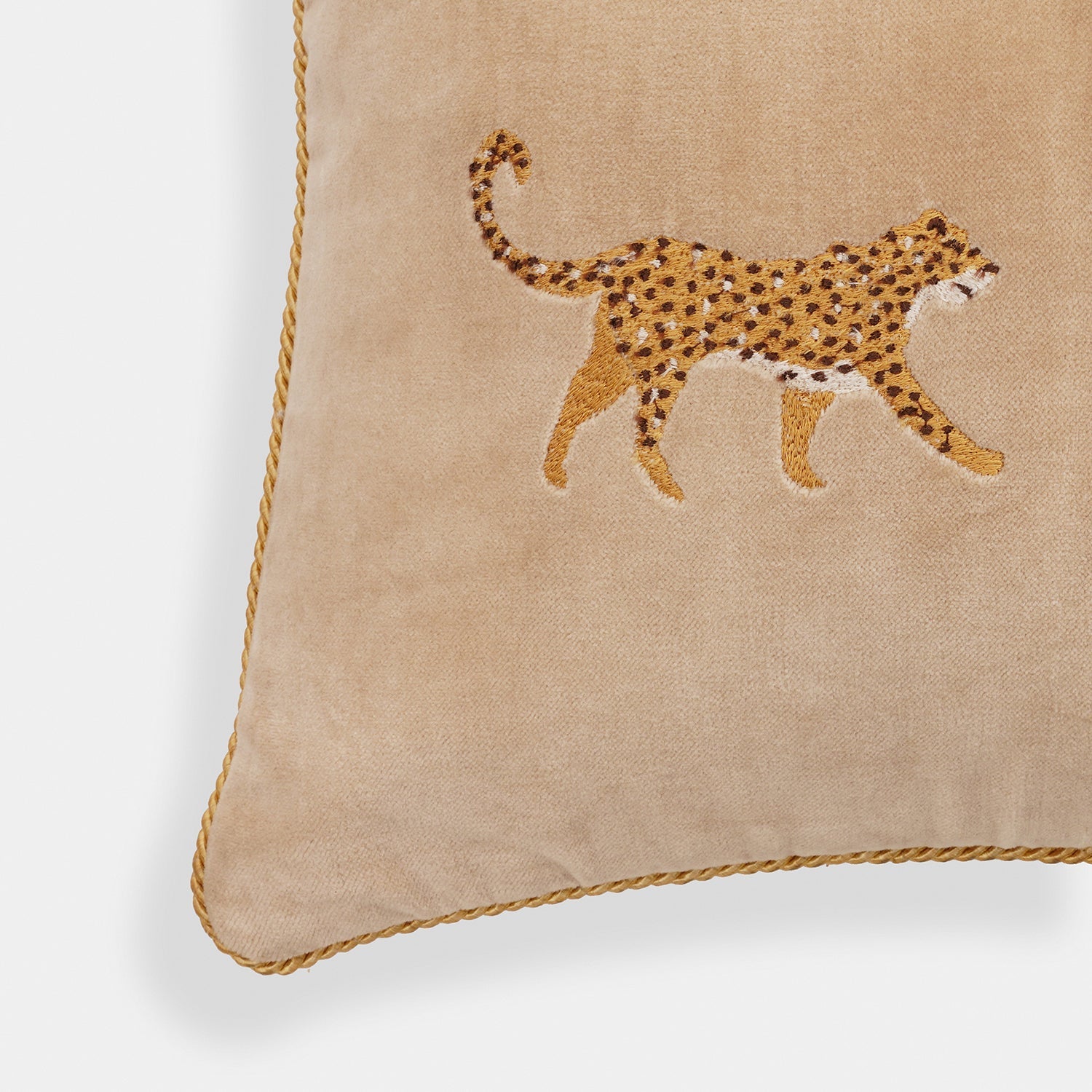 Beige Leopard Motif Embroidered Velvet Cushion Cover