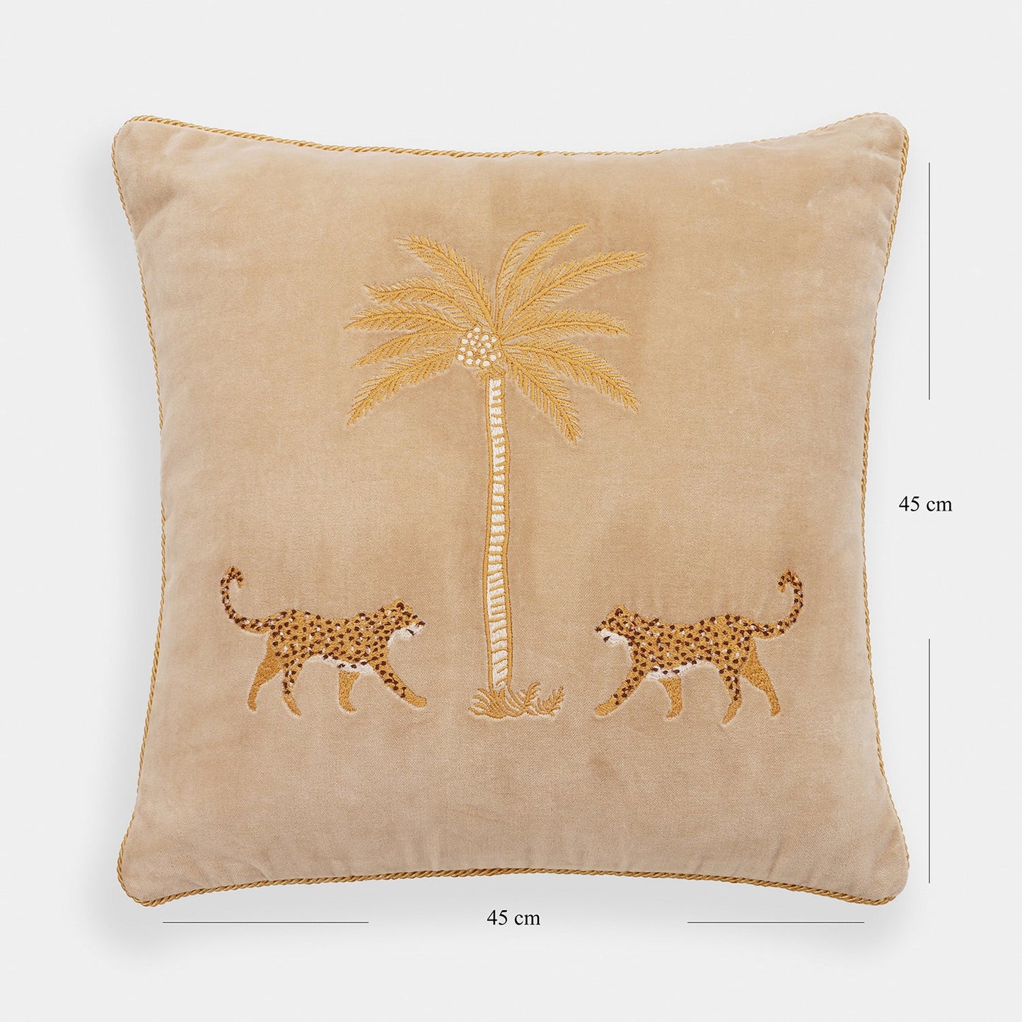Beige Leopard Motif Embroidered Velvet Cushion Cover