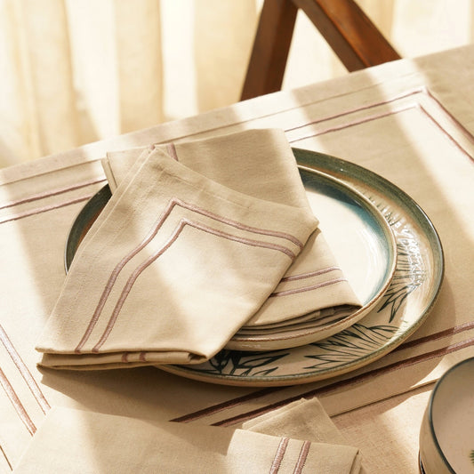 Set of 4 Beige Cotton Napkins with Contrast Embroidery