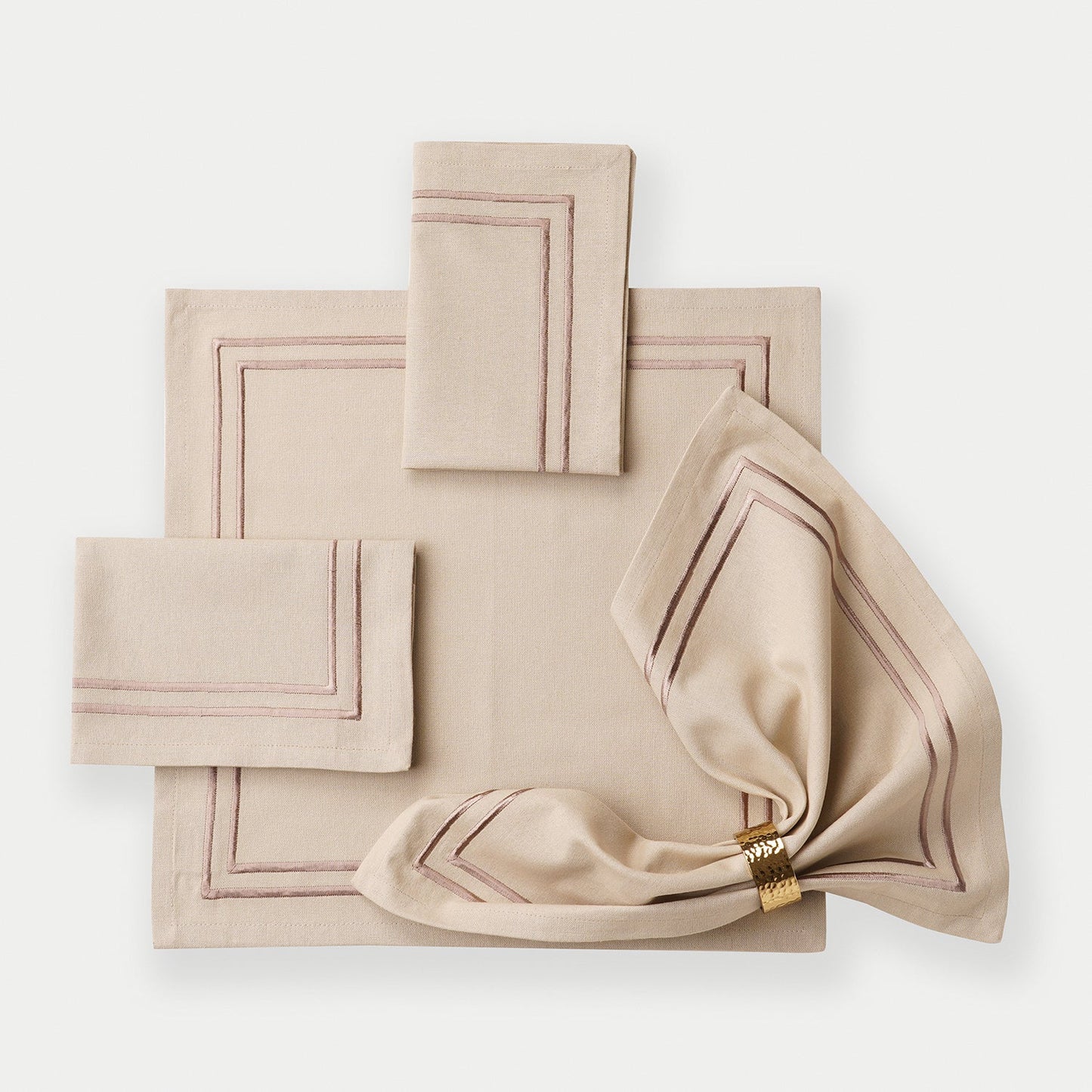 Set of 4 Beige Cotton Napkins with Contrast Embroidery