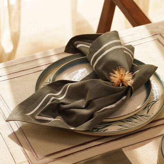 Set of 4 Taupe Cotton Napkins with Contrast Embroidery
