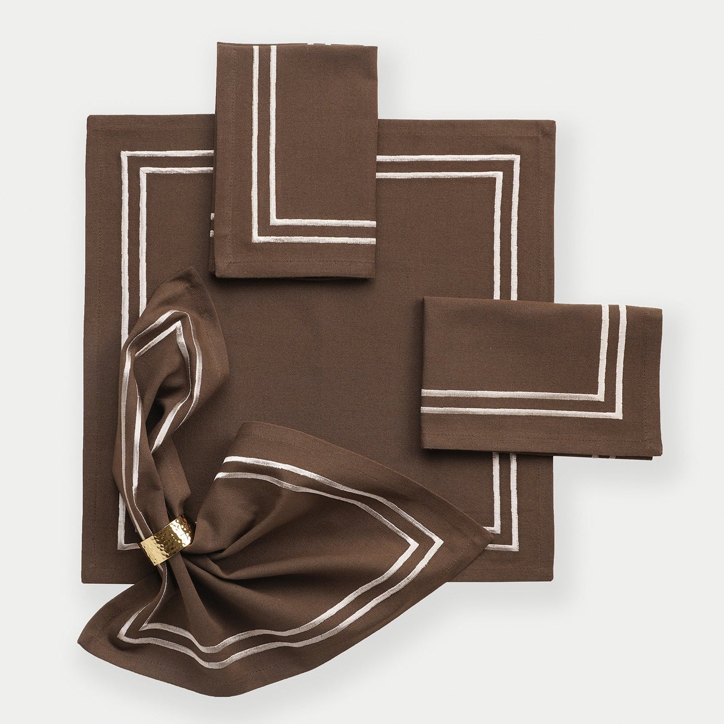 Set of 4 Brown Cotton Napkins with Contrast Embroidery