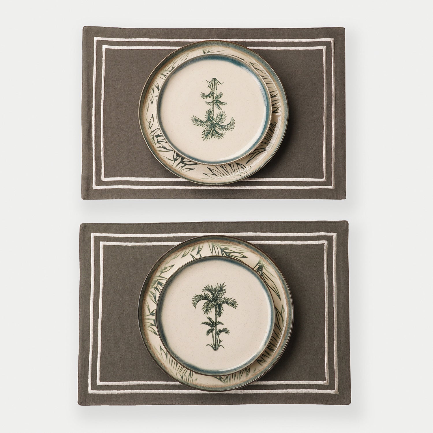 Set of 2 Taupe Cotton Placemats with Contrast Embroidery