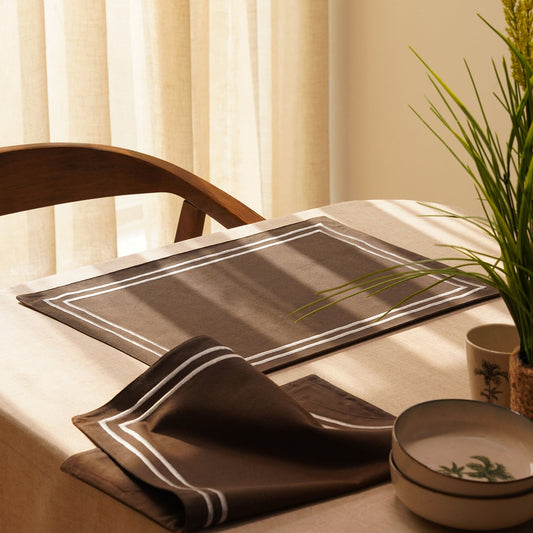Set of 2 Brown Cotton Placemats with Contrast Embroidery