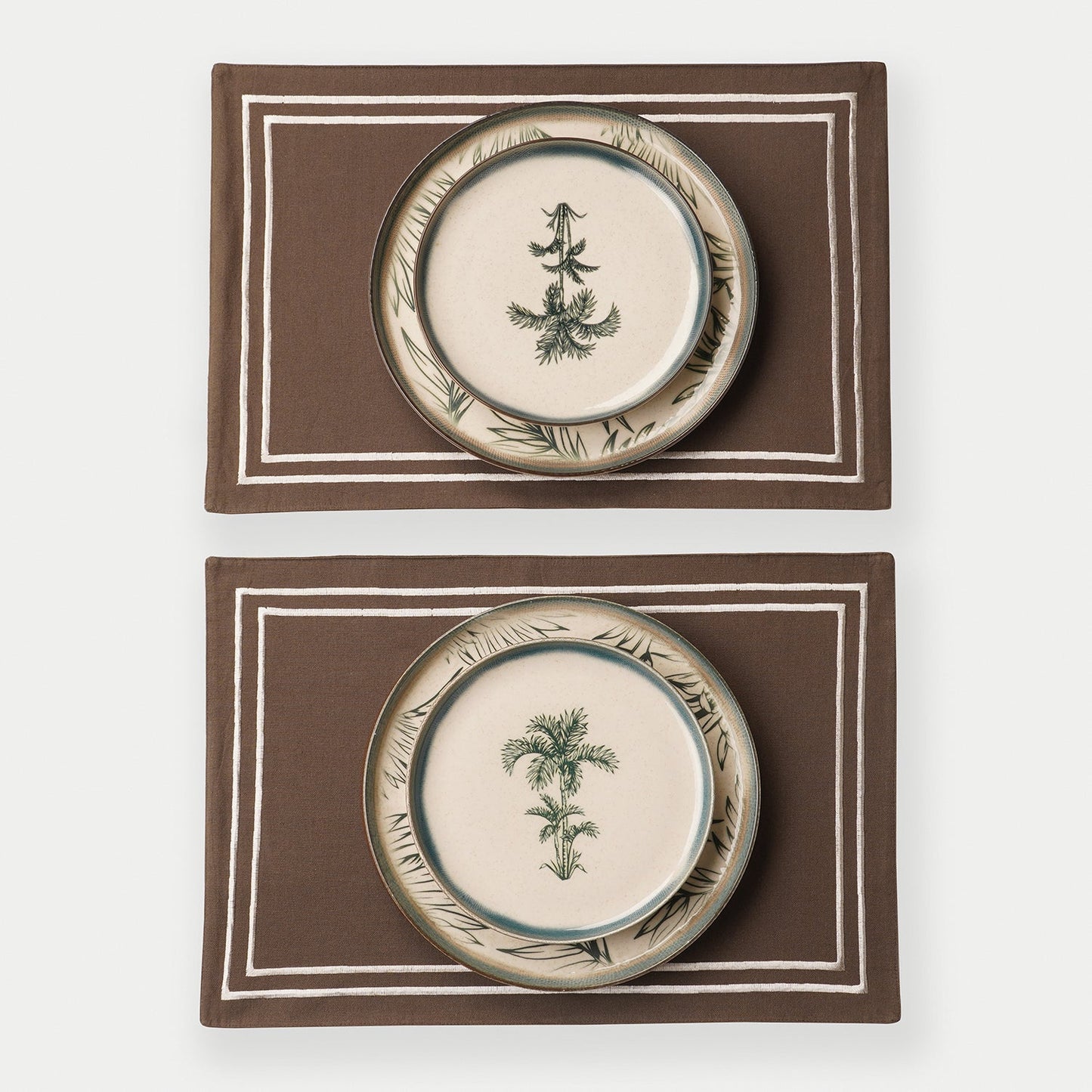 Set of 2 Brown Cotton Placemats with Contrast Embroidery