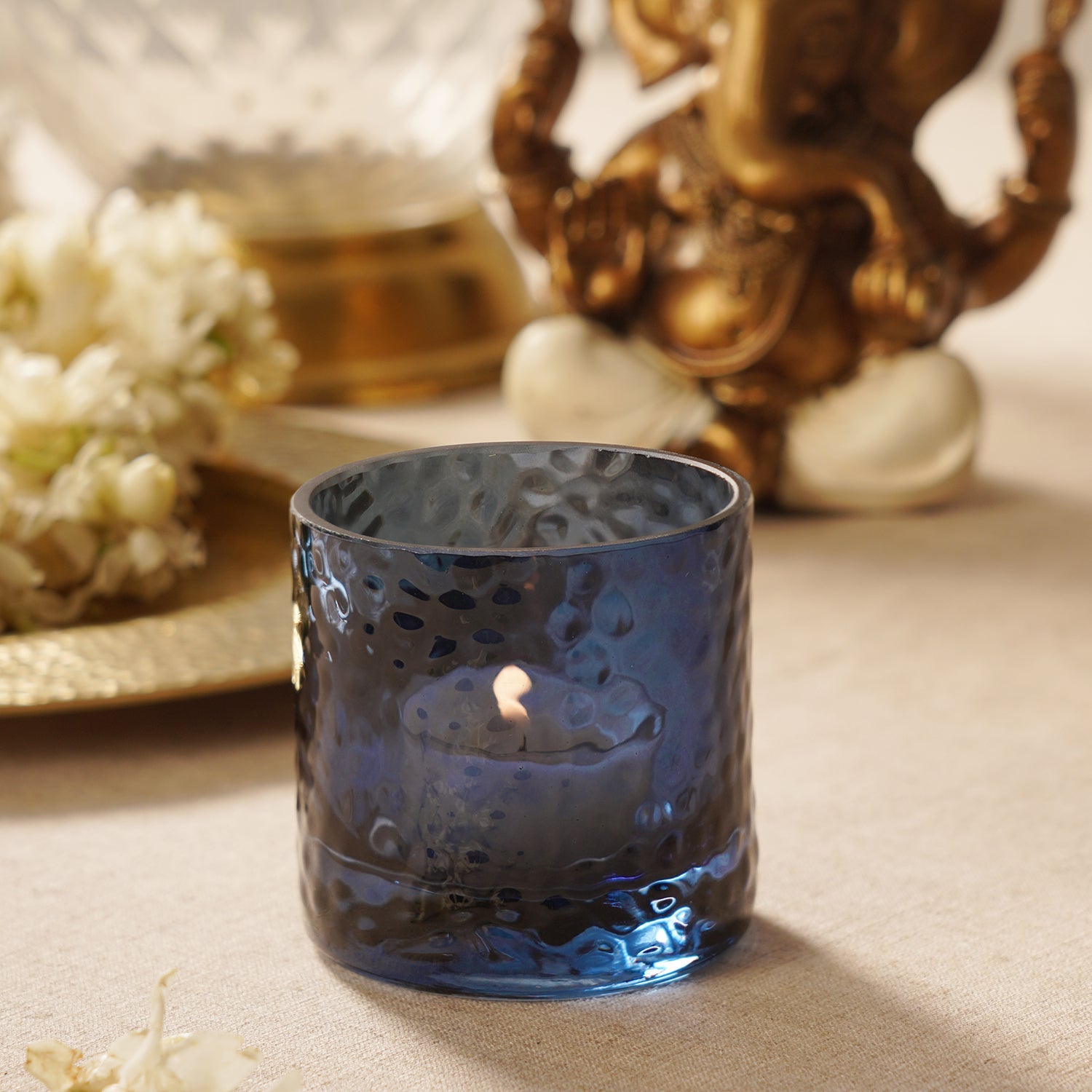 Set of 2 Blue Textured Glass Tealight Candle Holders
