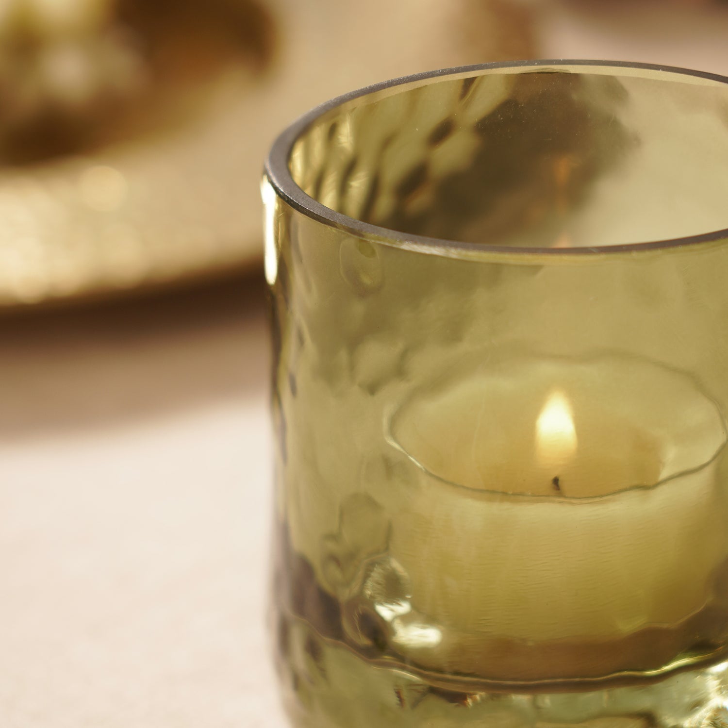 Set of 2 Green Textured Glass Tealight Candle Holders