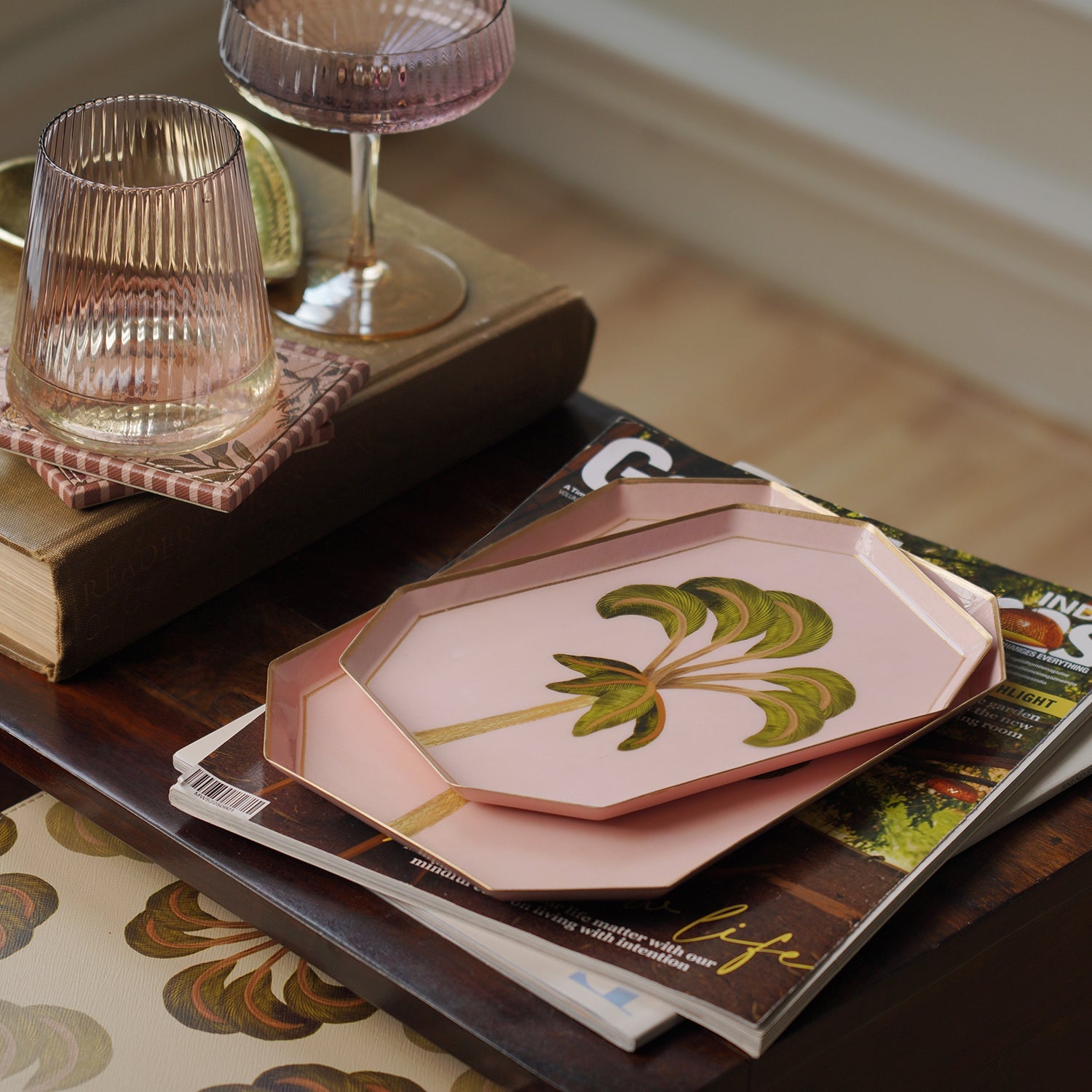Green & Pink Palm Motif Platter - Small