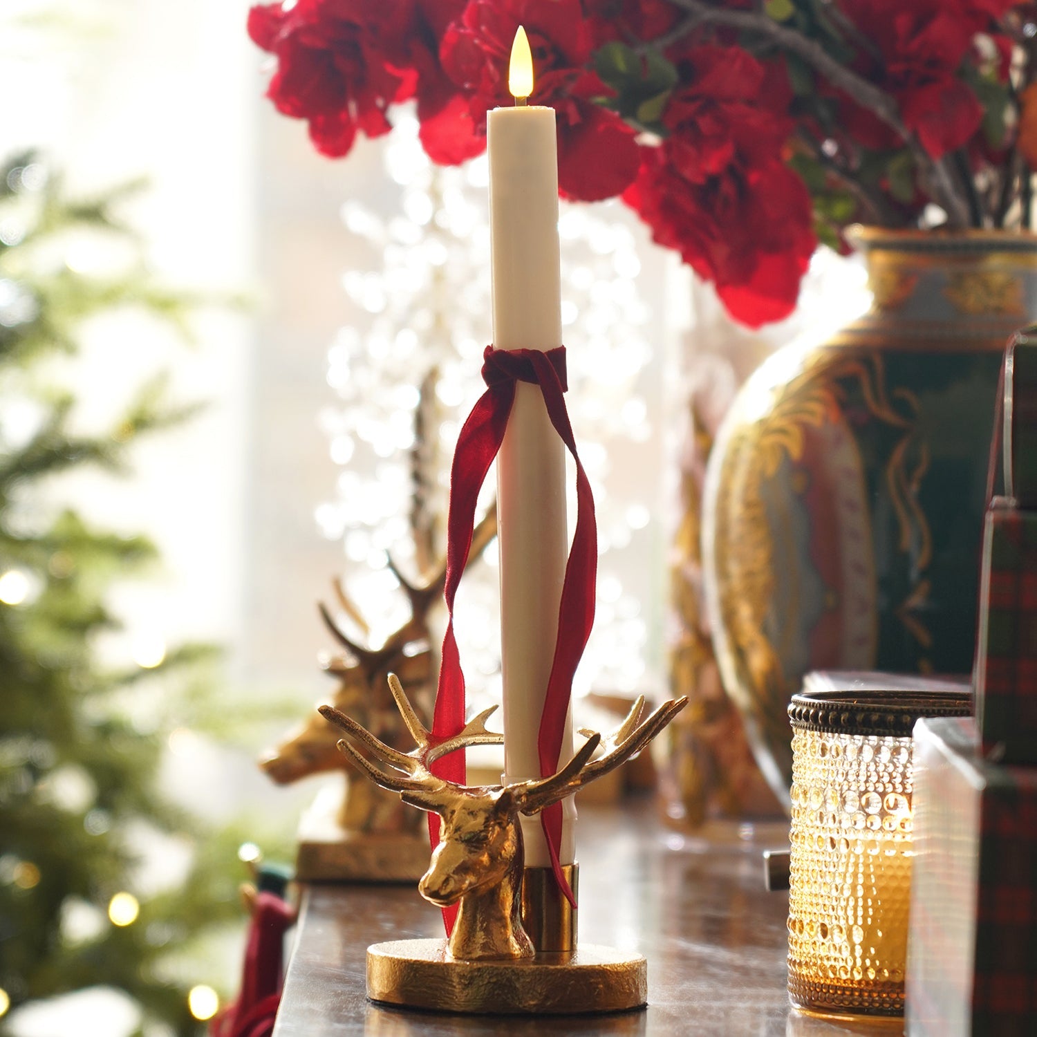 Gold Reindeer Head Tapper Metal Candle Stand