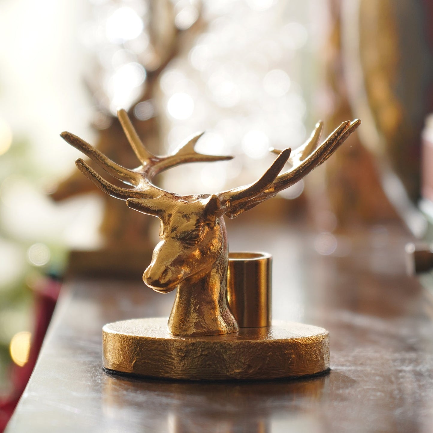 Gold Reindeer Head Tapper Metal Candle Stand