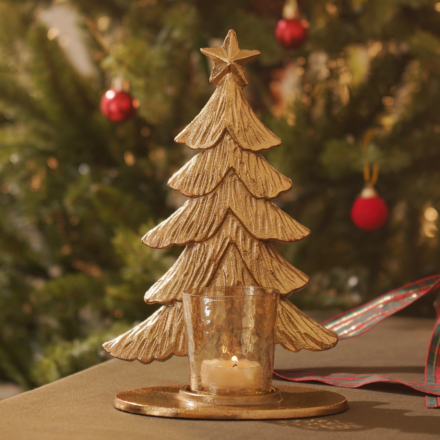 Gold Metal Christmas Tree with Hammered Tealight Holder