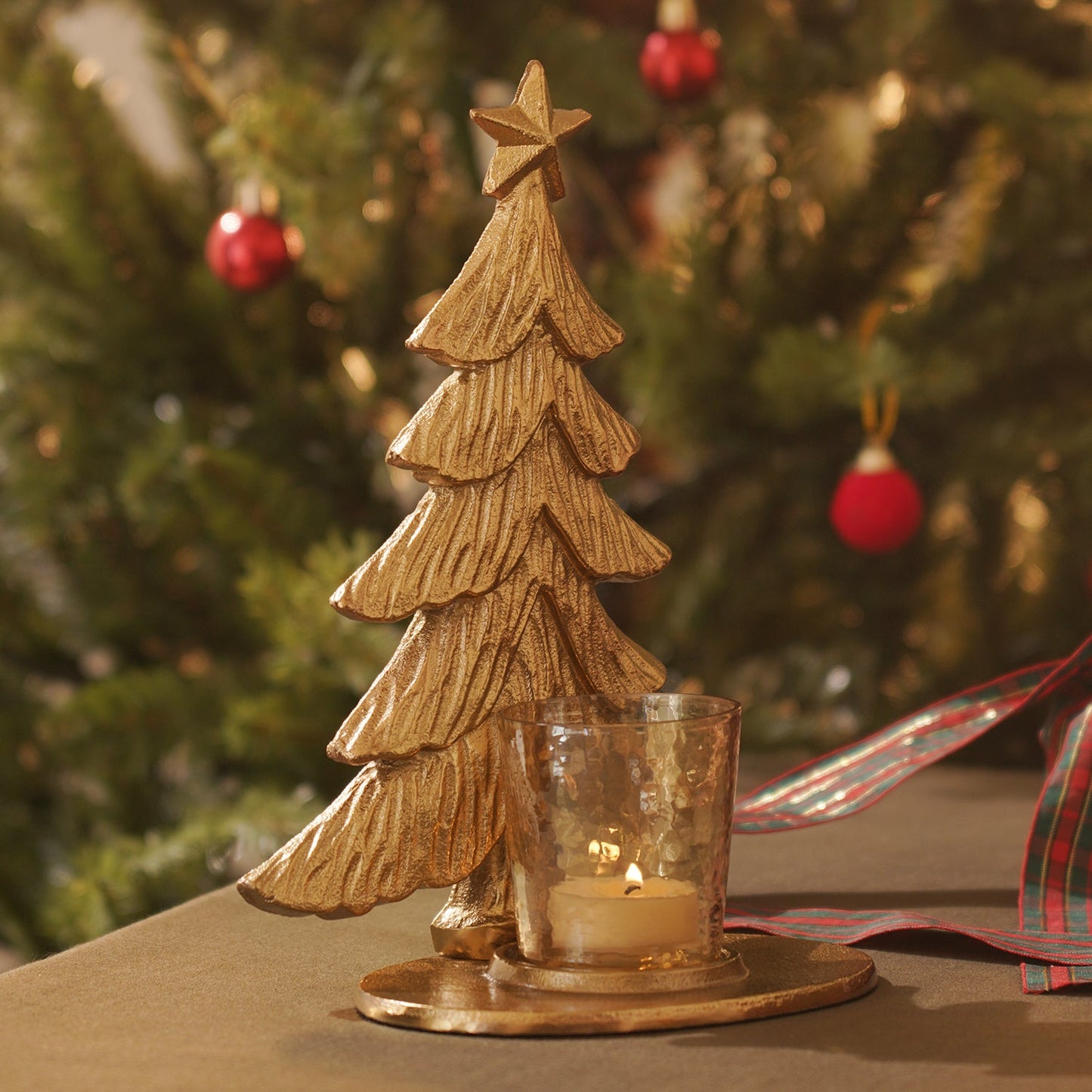 Gold Metal Christmas Tree with Hammered Tealight Holder