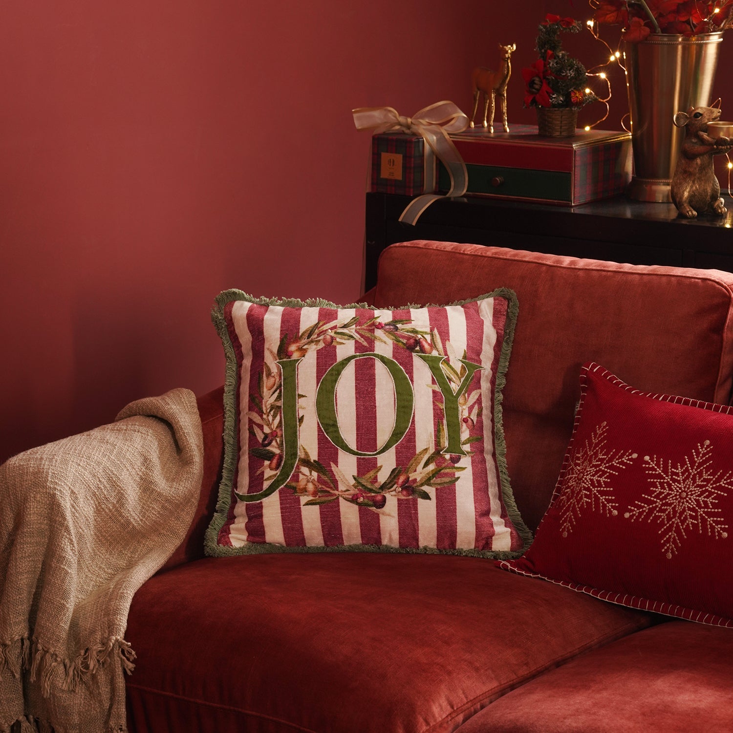 Red Striped Joy Printed Square Cushion Cover