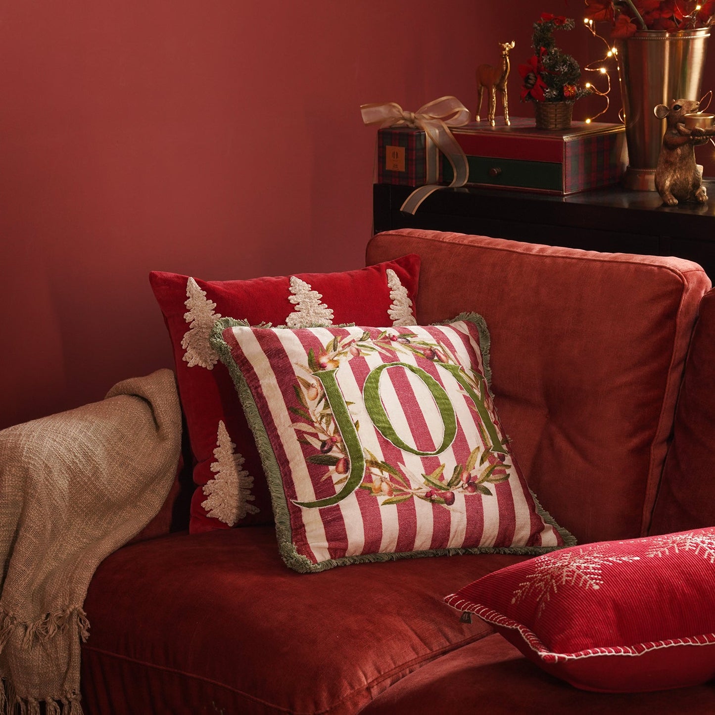 Red Striped Joy Printed Square Cushion Cover