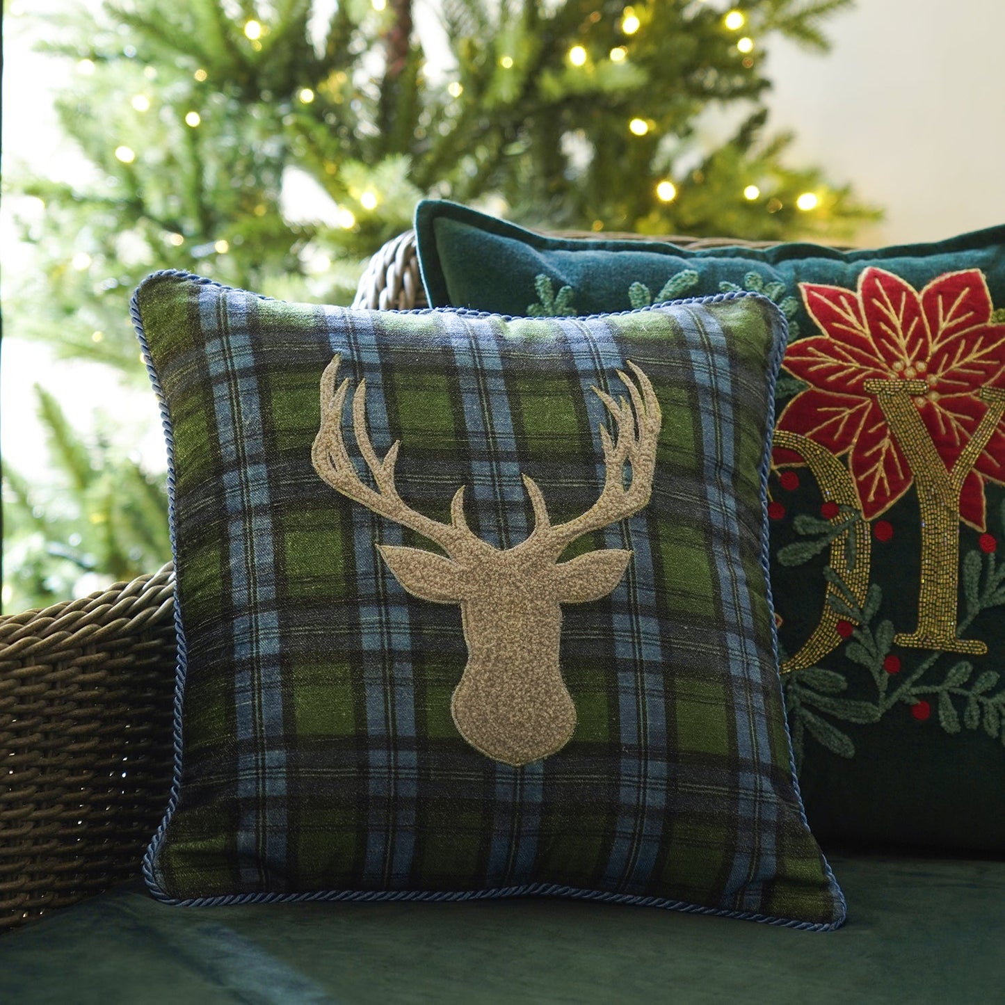 Green Checked Reindeer Embroidered Square Cushion Cover
