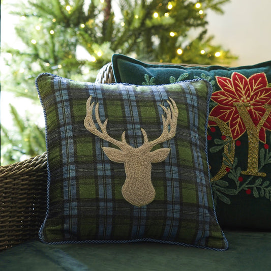 Green Checked Reindeer Embroidered Square Cushion Cover
