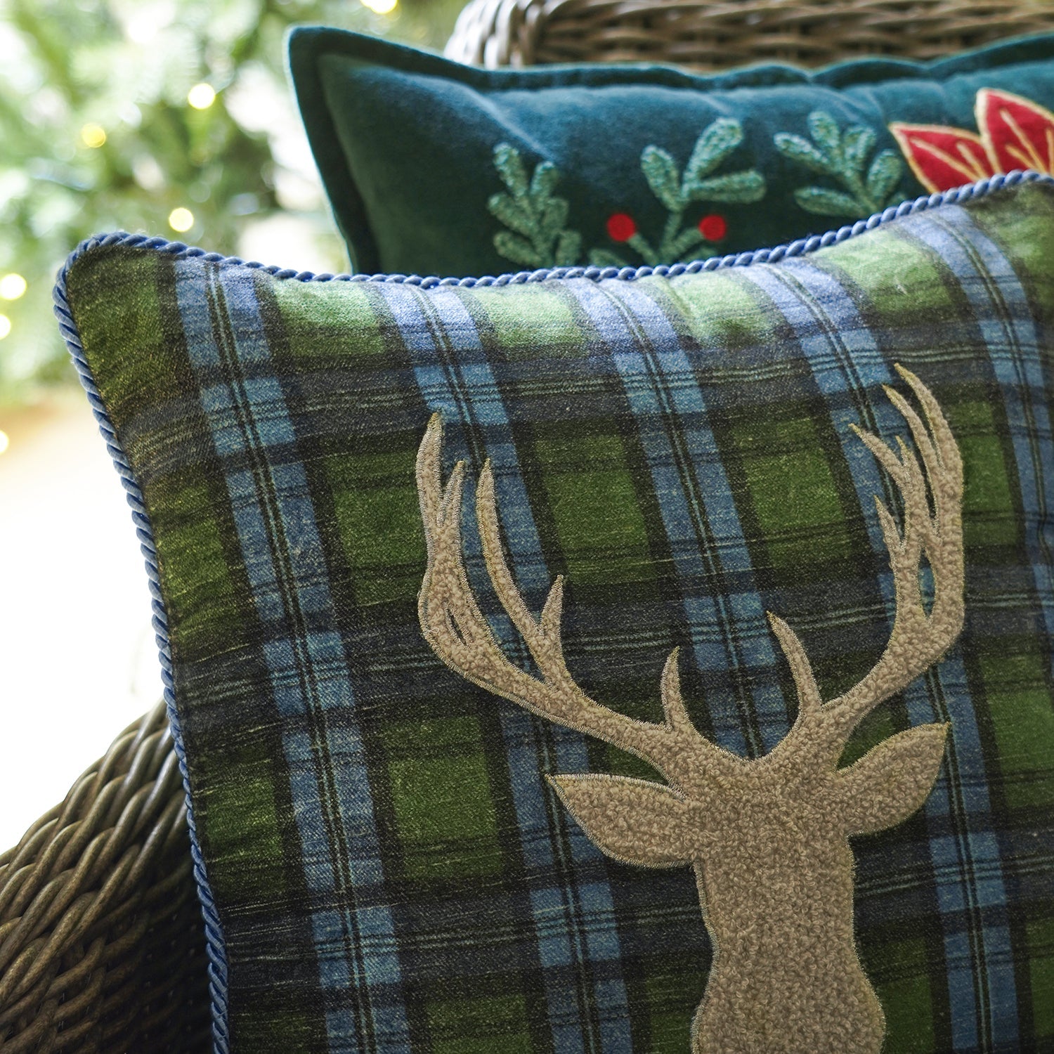 Green Checked Reindeer Embroidered Square Cushion Cover